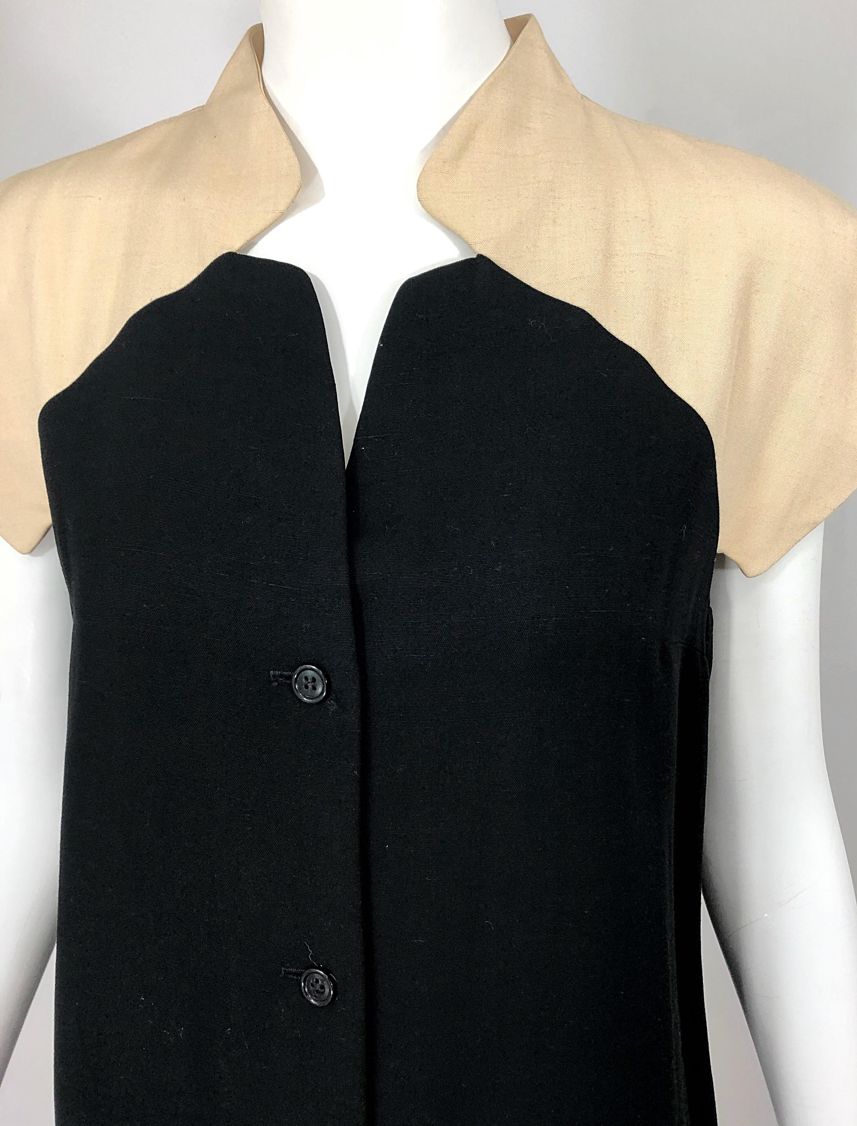 Women's Vintage Halston 1970s Optical Illusion Black + Khaki 70s Trapeze Dress For Sale
