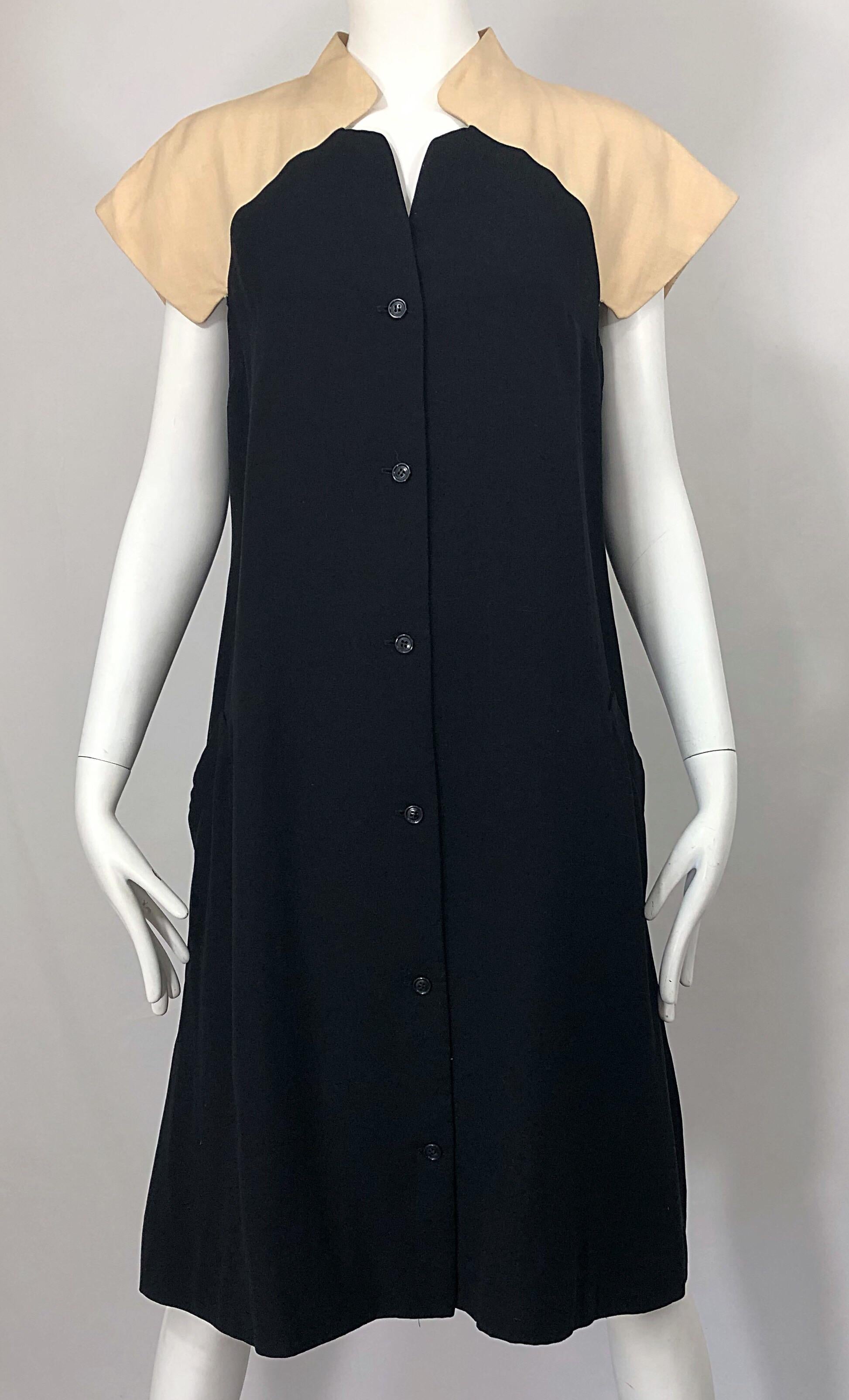 Vintage Halston 1970s Optical Illusion Black + Khaki 70s Trapeze Dress For Sale 2