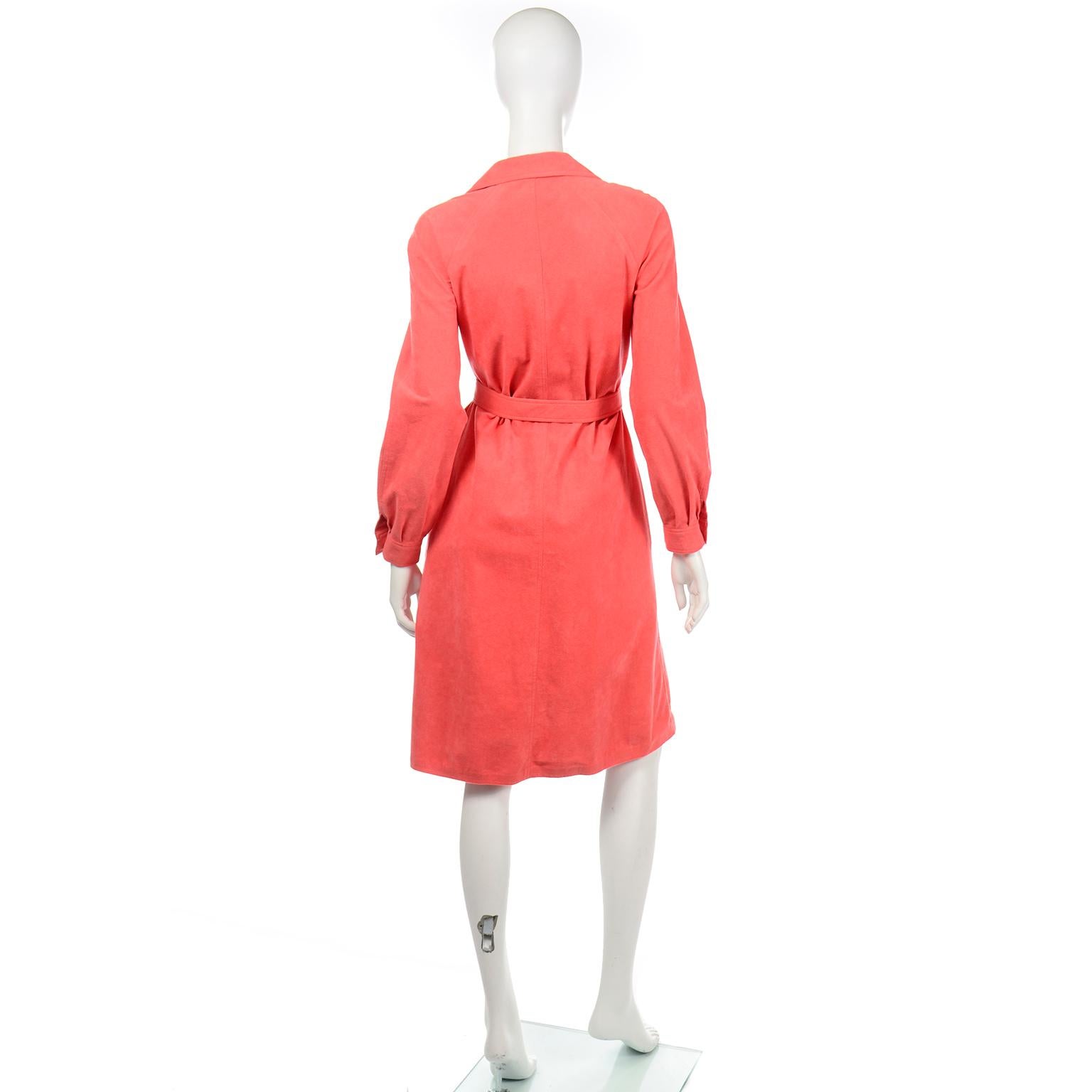 Red Vintage Halston 1970s Salmon Ultra Suede Coat Dress With Belt