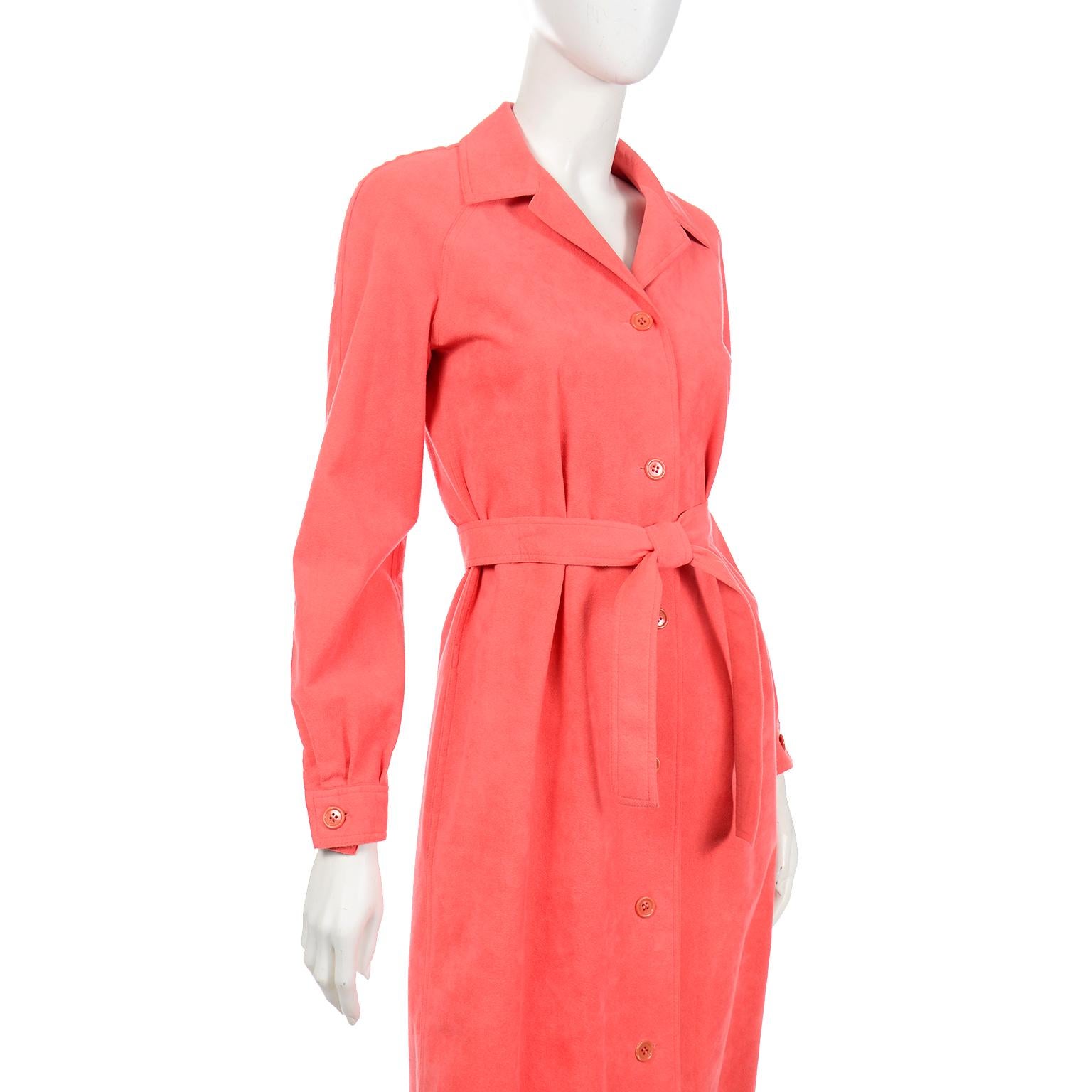 Vintage Halston 1970s Salmon Ultra Suede Coat Dress With Belt In Excellent Condition In Portland, OR