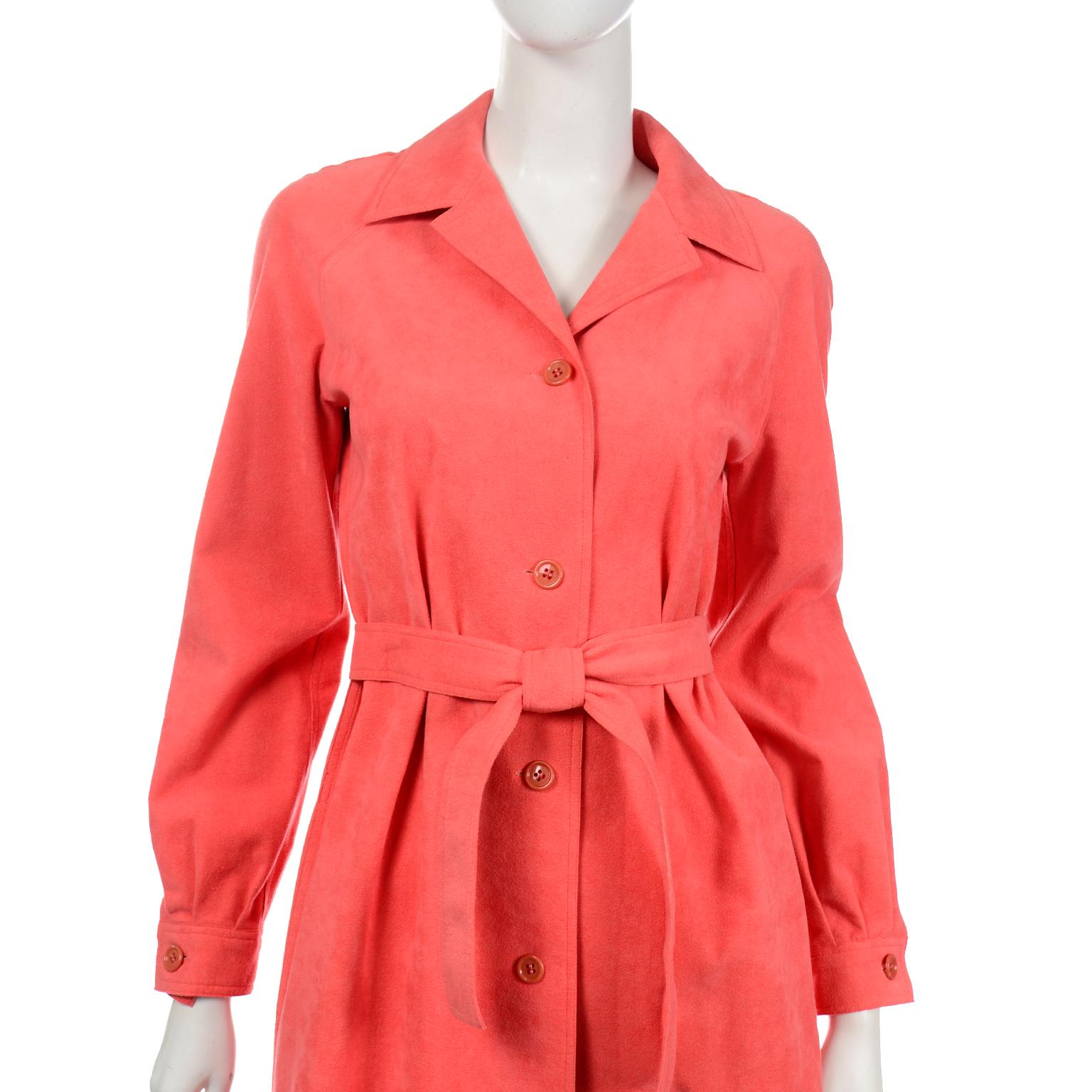 Women's Vintage Halston 1970s Salmon Ultra Suede Coat Dress With Belt