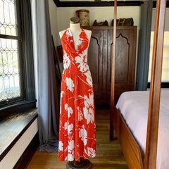 Vintage HALSTON 1970s Tropical Jersey 2 Piece Ensemble Skirt Halter Top OOAK