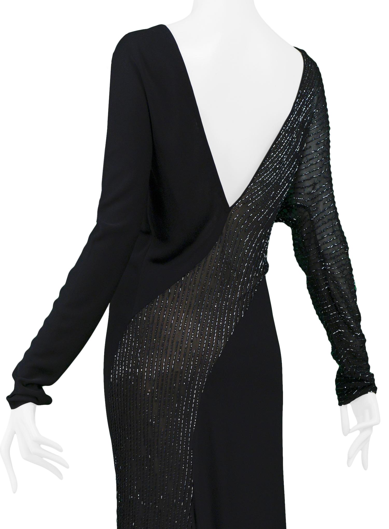 Vintage Halston Beaded Black Jersey Evening Gown In Excellent Condition For Sale In Los Angeles, CA