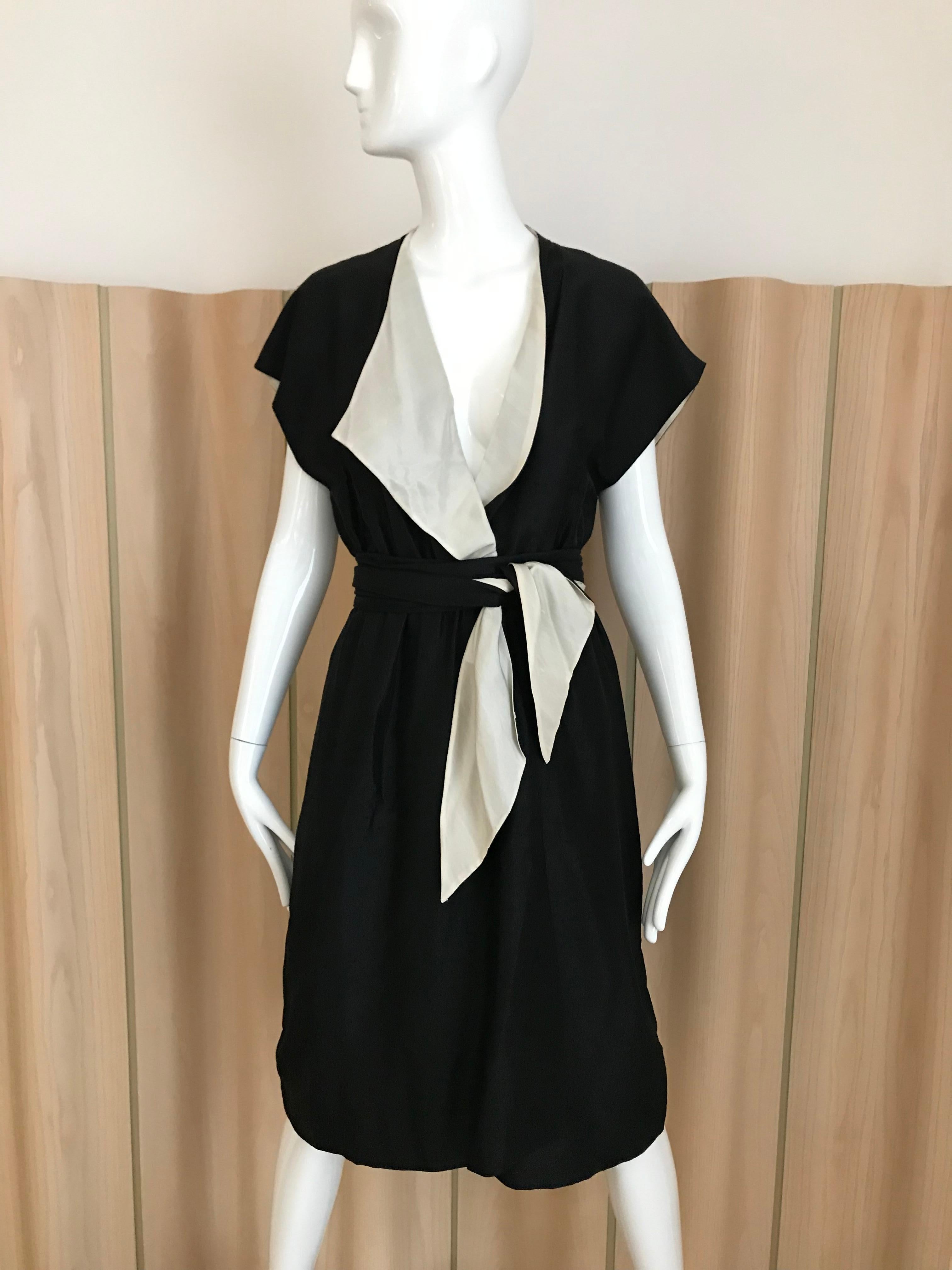 Vintage HALSTON Black and Creme Silk Wrap Dress with Sash 4