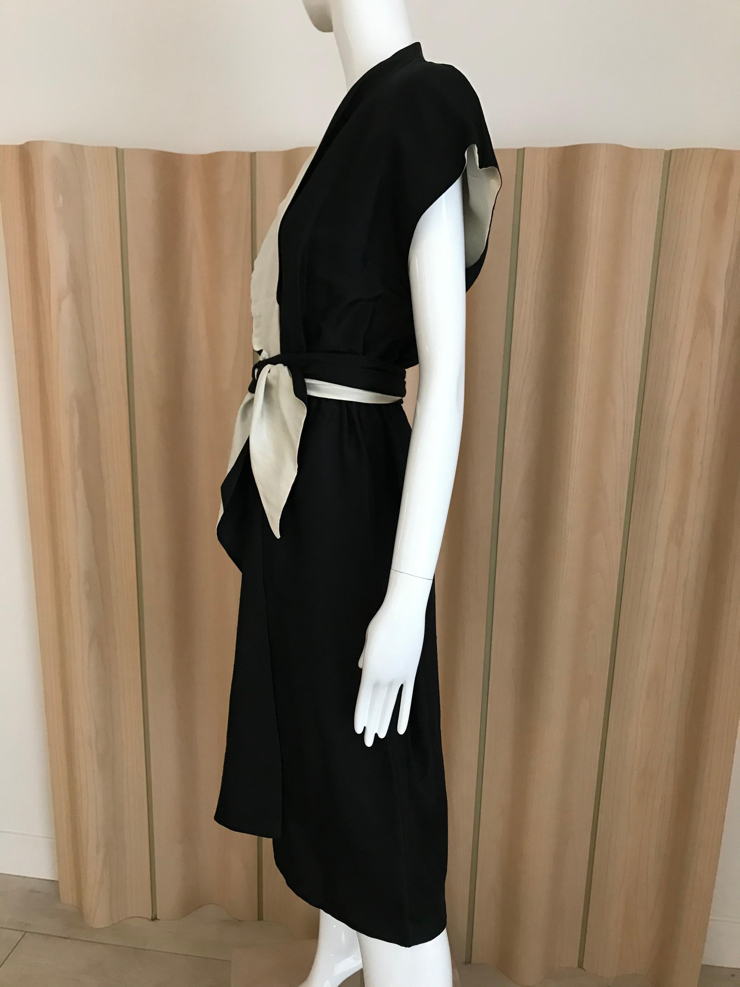 Vintage HALSTON Black and Creme Silk Wrap Dress with Sash 1