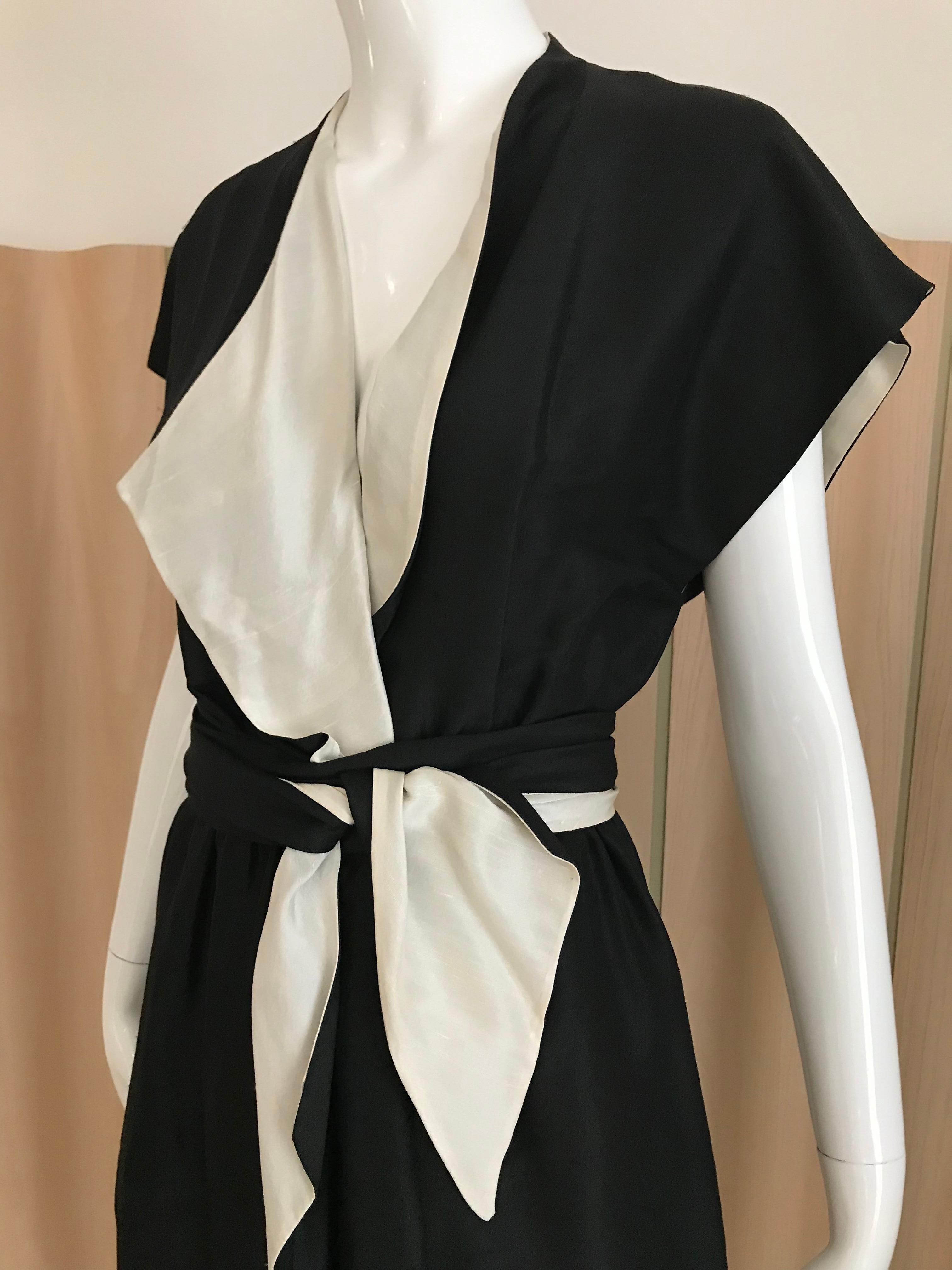 Vintage HALSTON Black and Creme Silk Wrap Dress with Sash 2