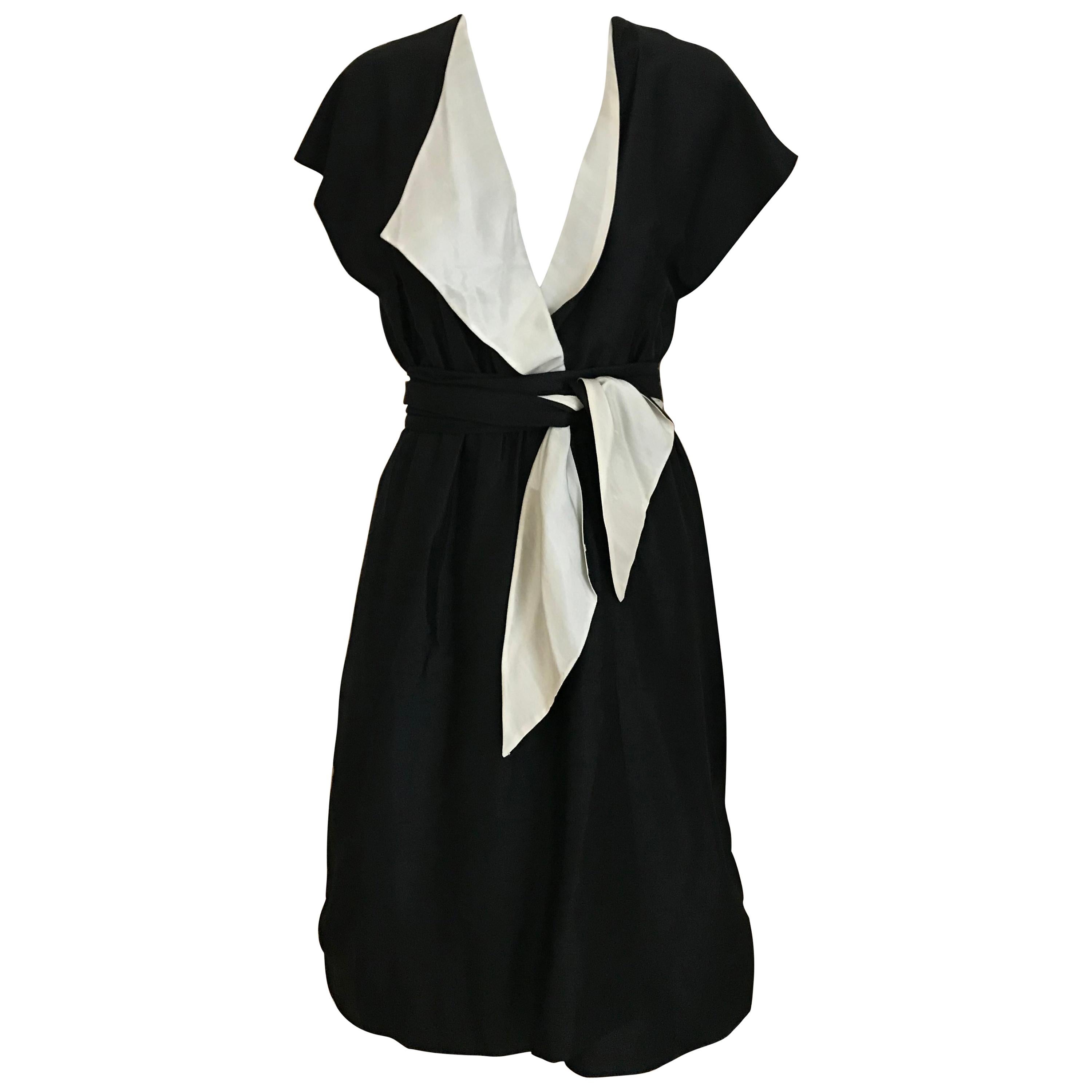 Vintage HALSTON Black and Creme Silk Wrap Dress with Sash