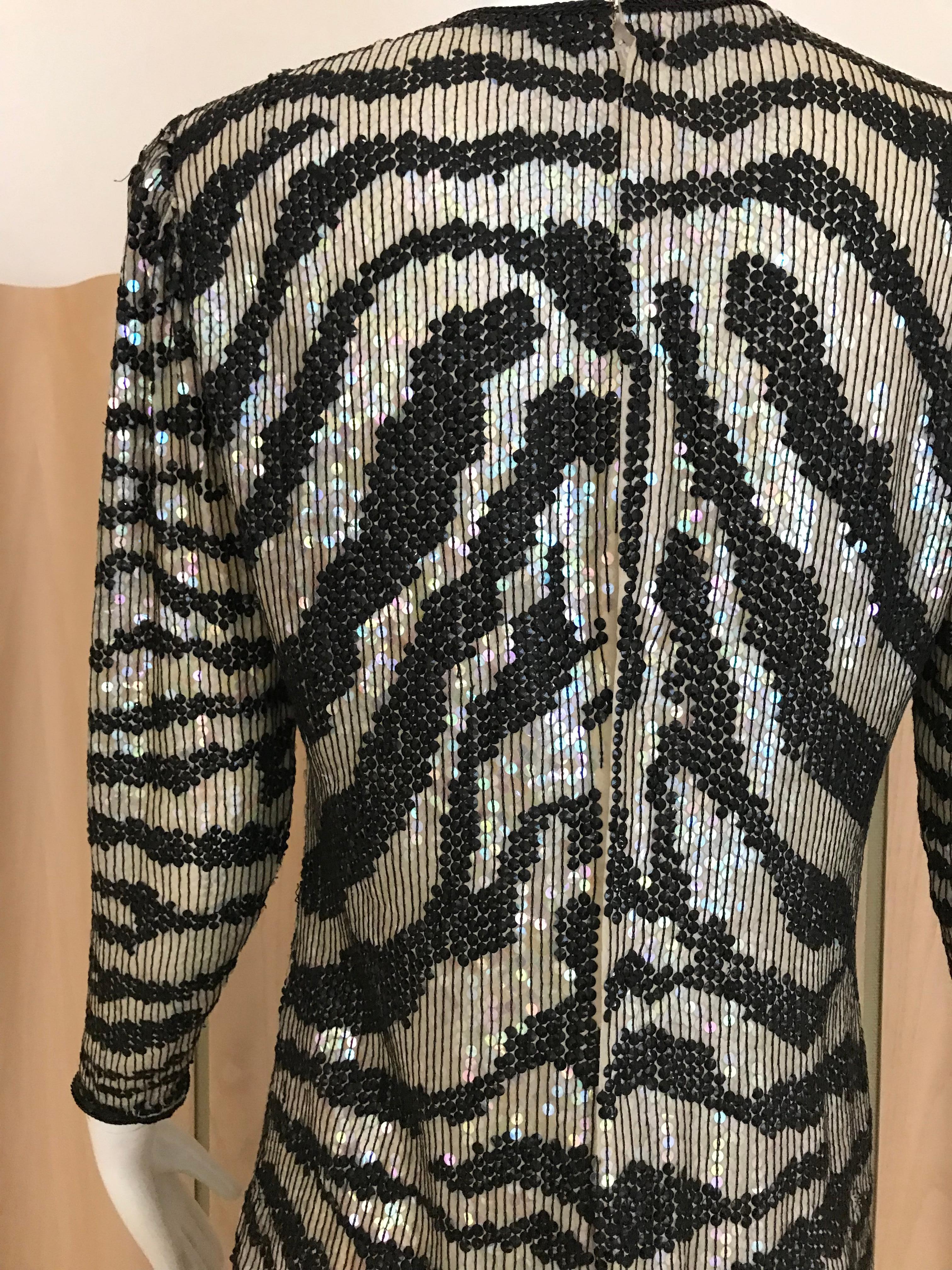 1970s HALSTON Black and Silver Sequins Animal Print Sheath Dress 6