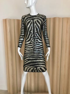 1970s HALSTON Black and Silver Sequins Animal Print Sheath Dress