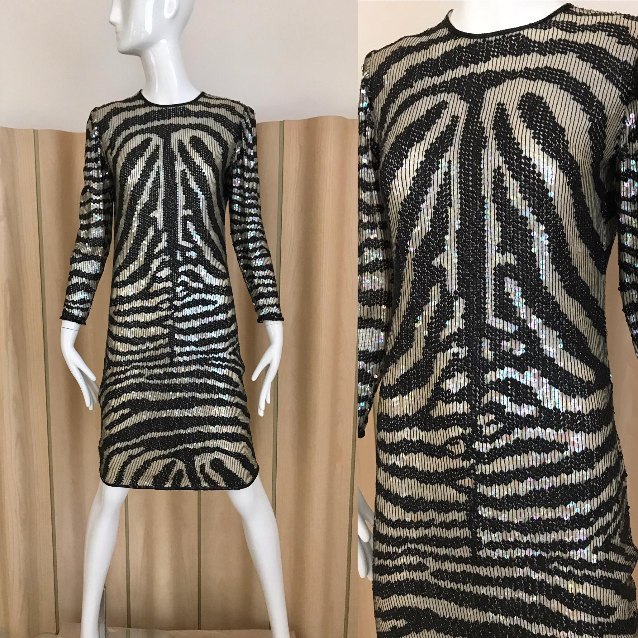 1970s HALSTON Black and Silver Sequins Animal Print Sheath Dress In Good Condition In Beverly Hills, CA