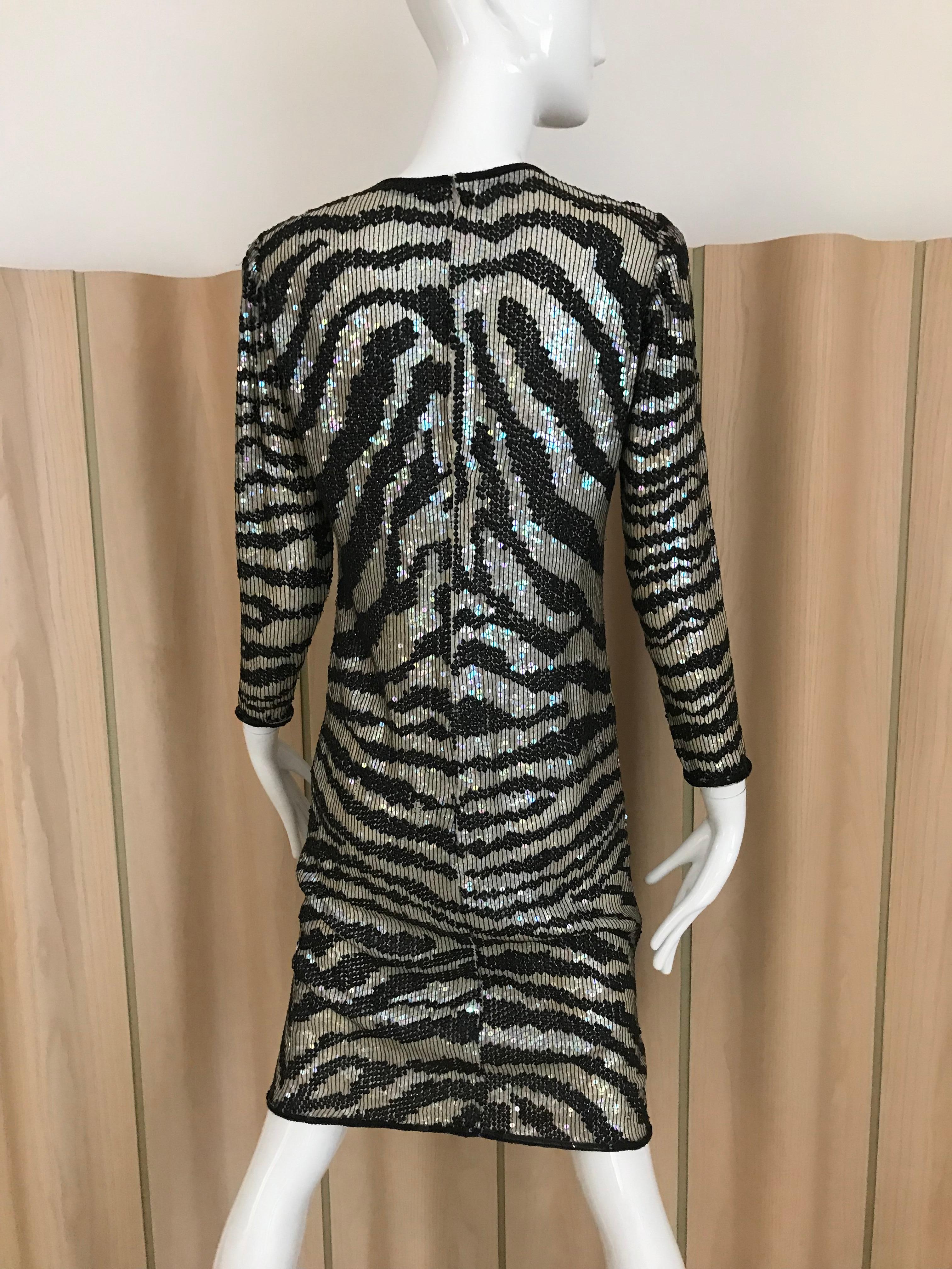 1970s HALSTON Black and Silver Sequins Animal Print Sheath Dress 1