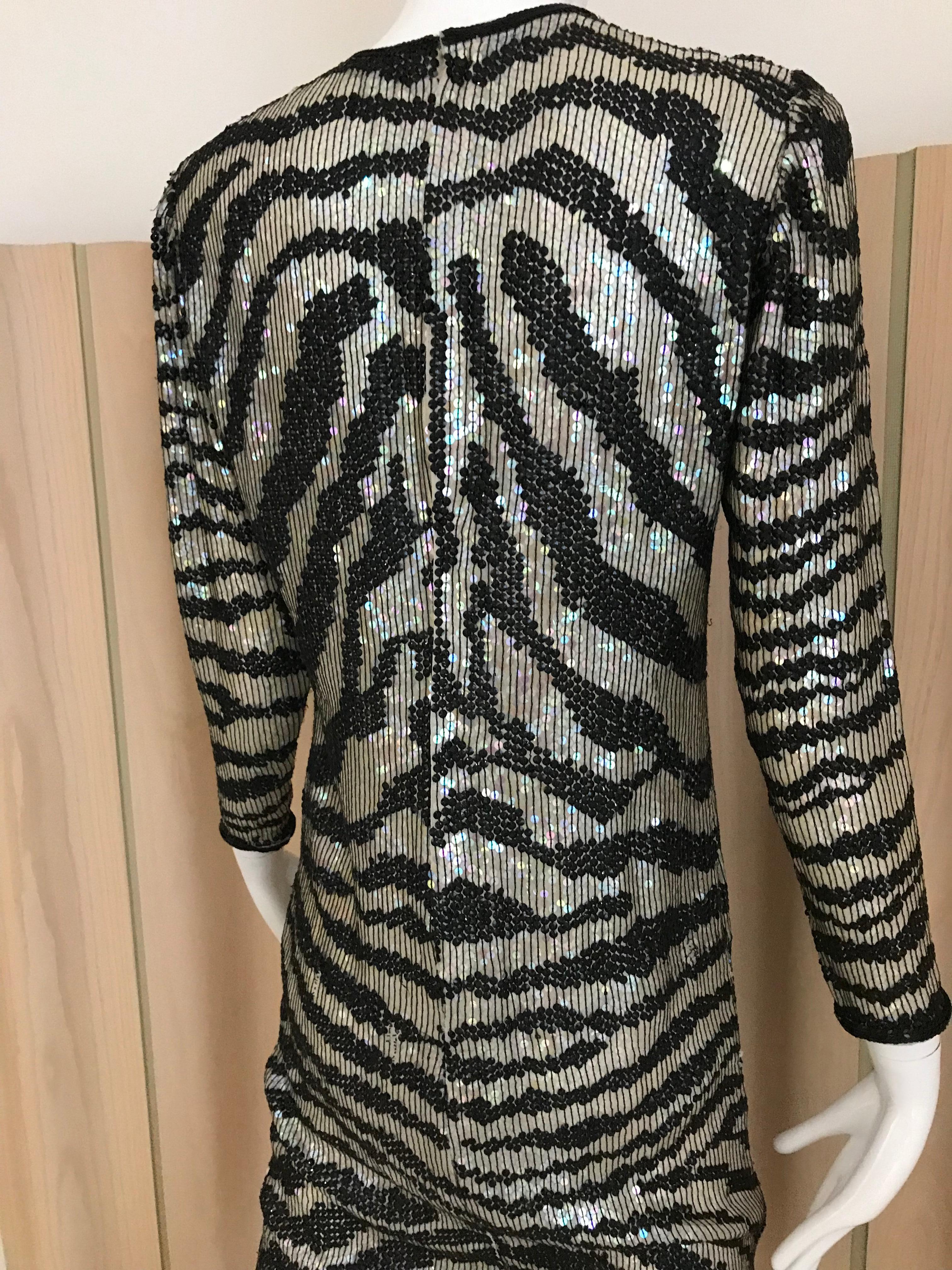 1970s HALSTON Black and Silver Sequins Animal Print Sheath Dress 5