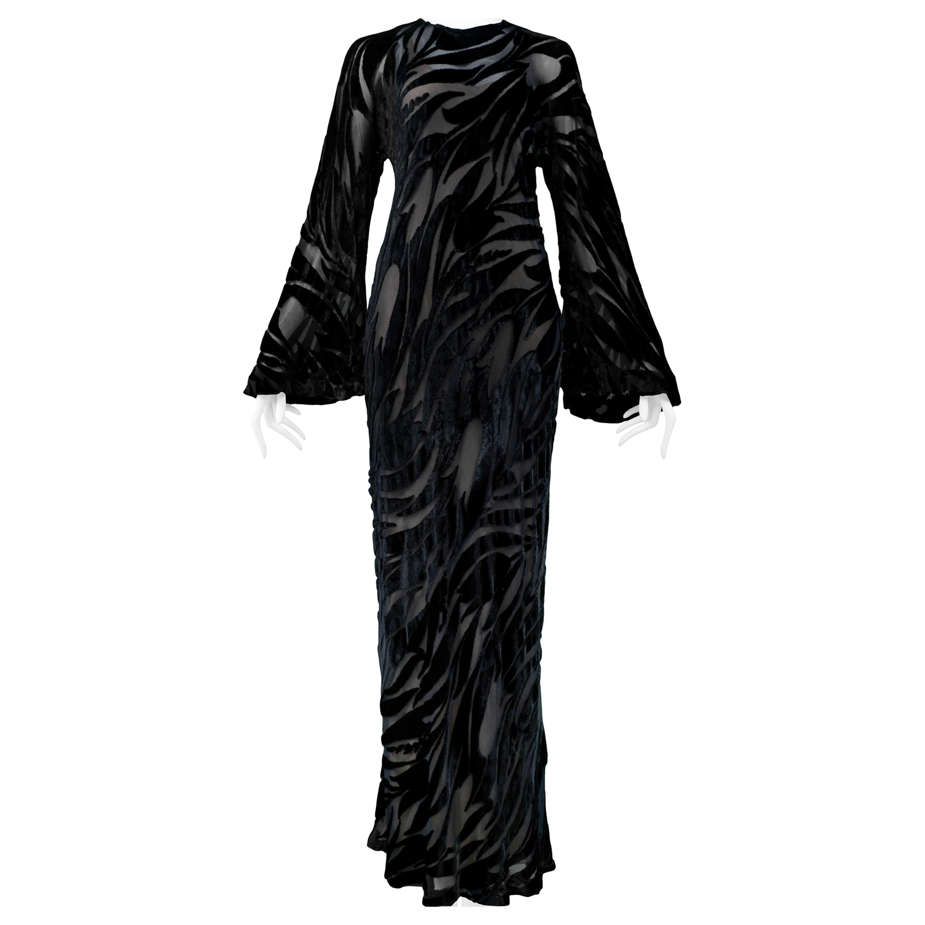 Vintage Halston Black Chiffon & Velvet Burnout Gown 1977
