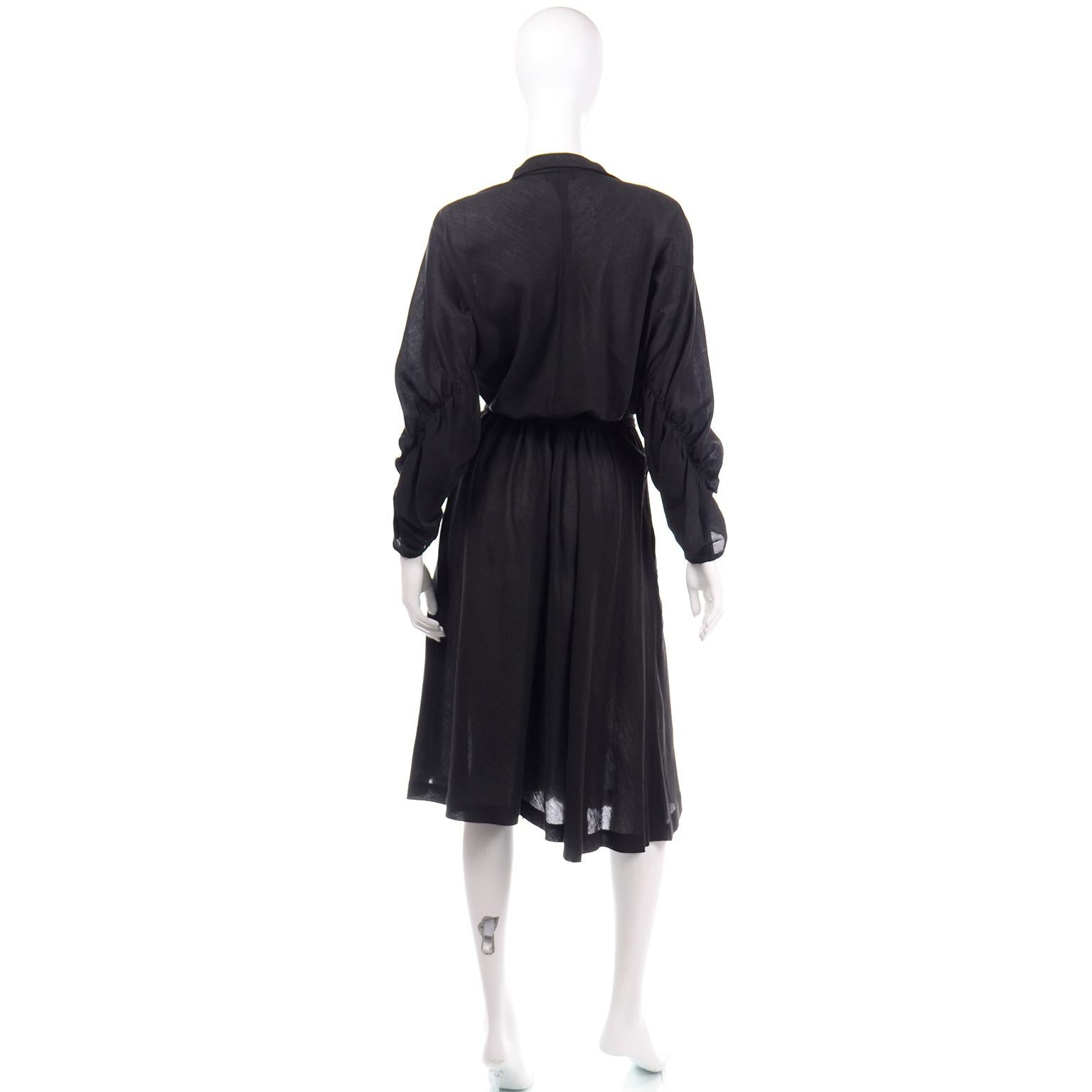Vintage Halston Black Cotton Voile 1970s Low V Neck Dress In Excellent Condition In Portland, OR