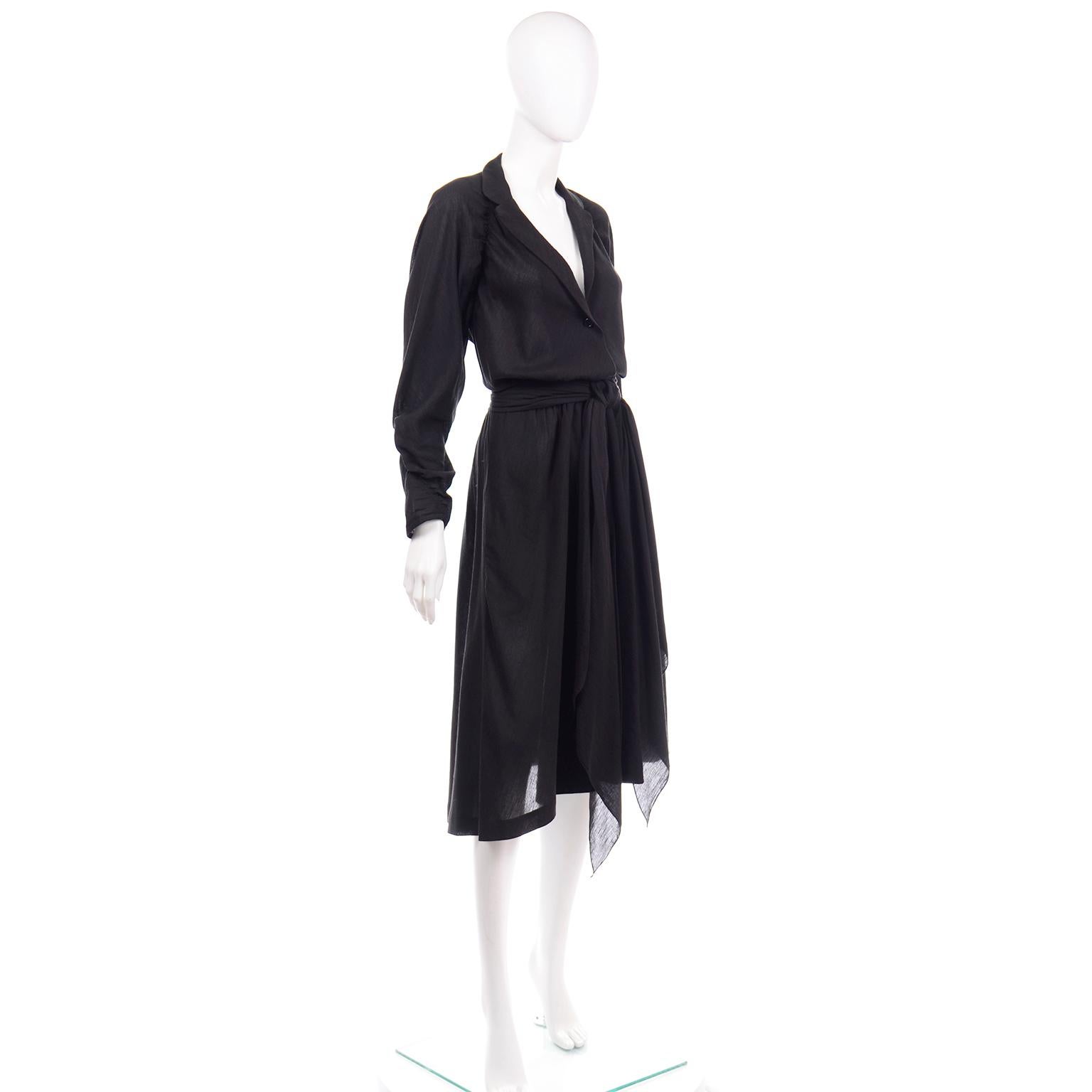 Women's Vintage Halston Black Cotton Voile 1970s Low V Neck Dress