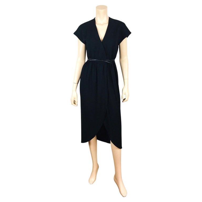 Vintage Halston Black Nubby Silk / Cotton Wrap Dress For Sale at 1stDibs