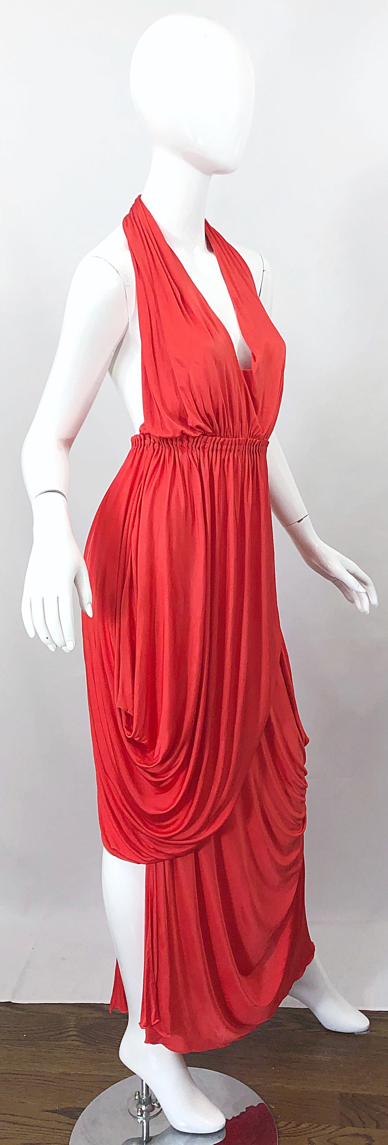 Vintage Halston Coral Silk Jersey Plunging Asymmetrical Hem Backless Gown Dress 2