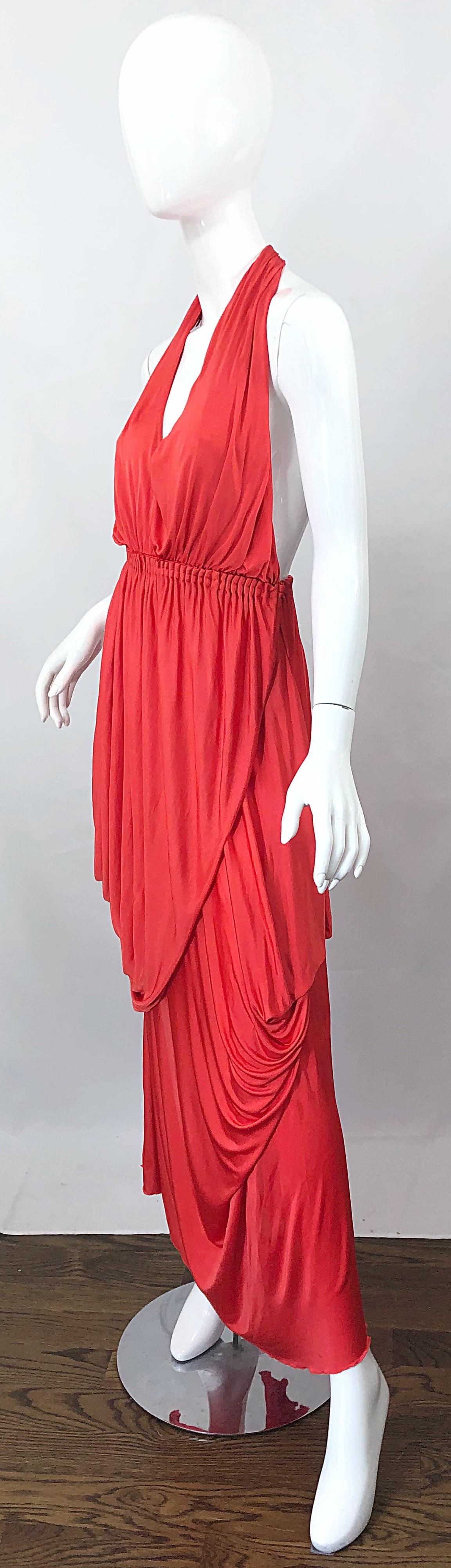 Vintage Halston Coral Silk Jersey Plunging Asymmetrical Hem Backless Gown Dress 3