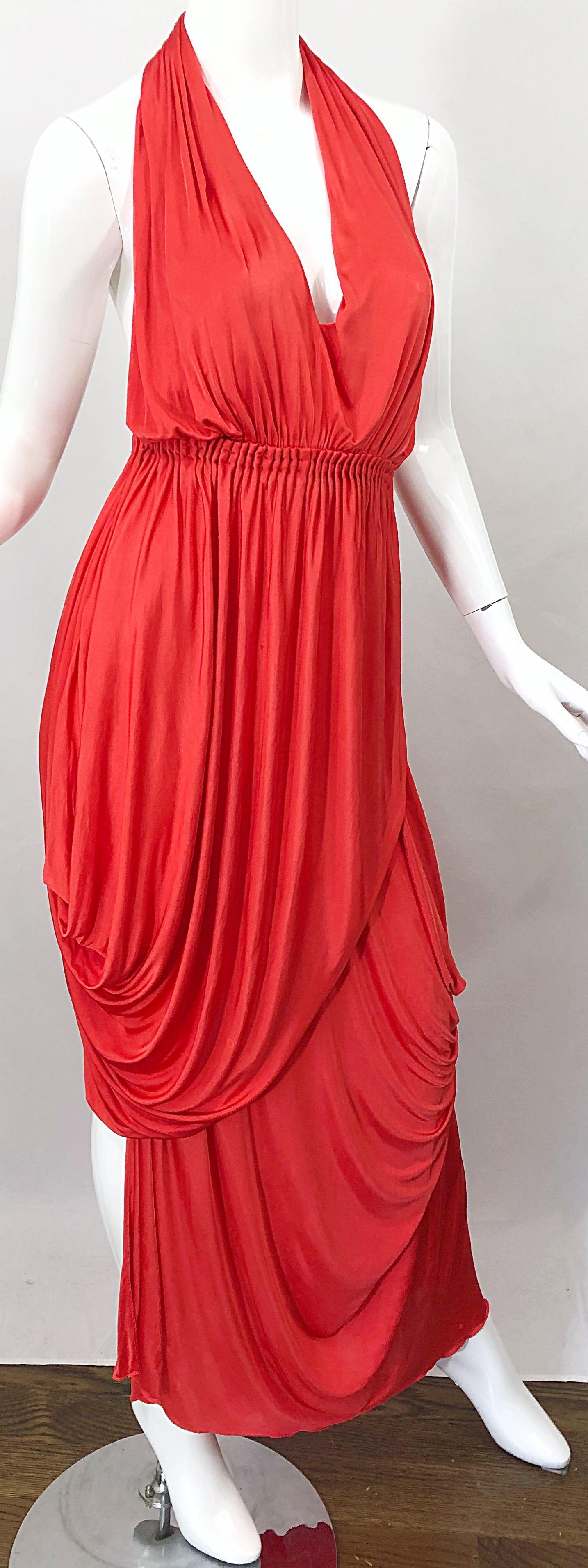 Vintage Halston Coral Silk Jersey Plunging Asymmetrical Hem Backless Gown Dress 4