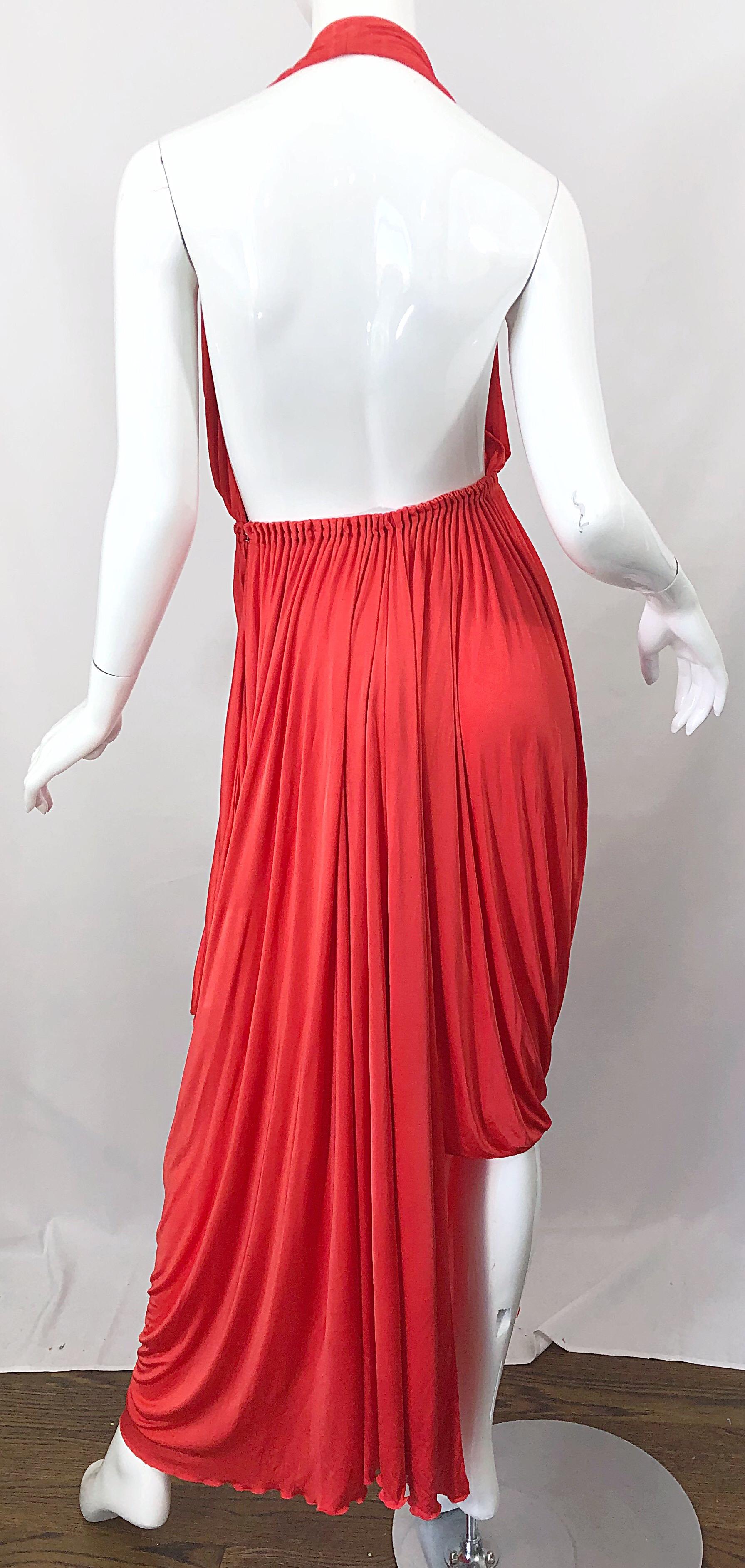 Vintage Halston Coral Silk Jersey Plunging Asymmetrical Hem Backless Gown Dress 5