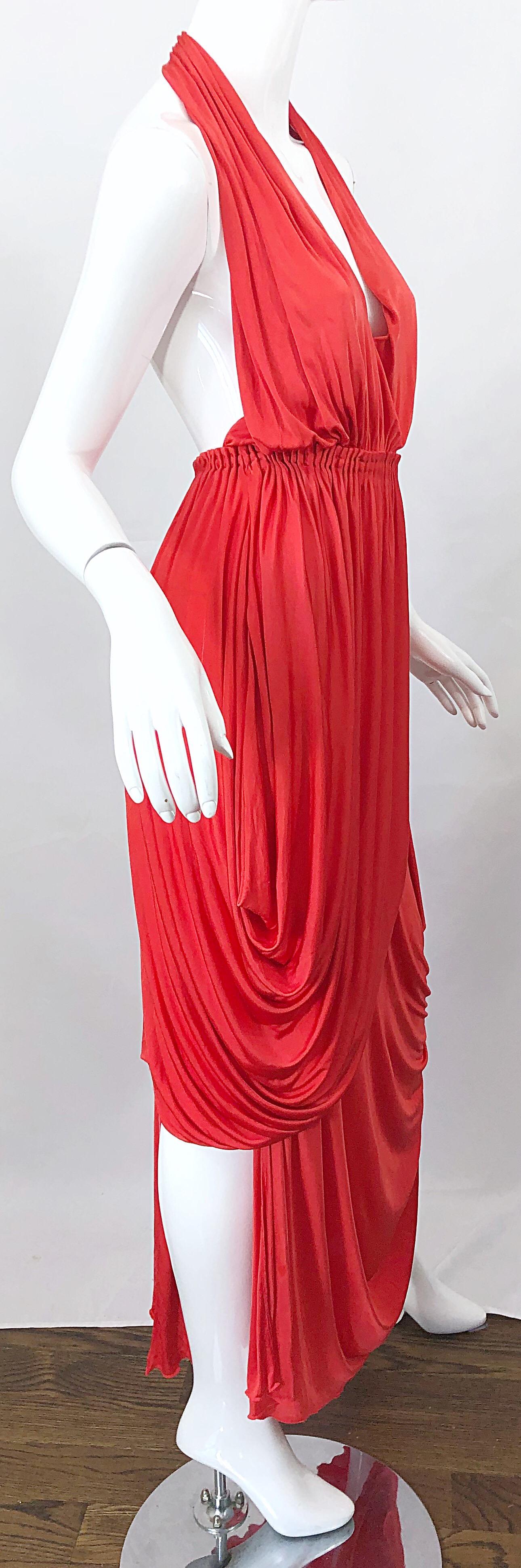 Vintage Halston Coral Silk Jersey Plunging Asymmetrical Hem Backless Gown Dress 6