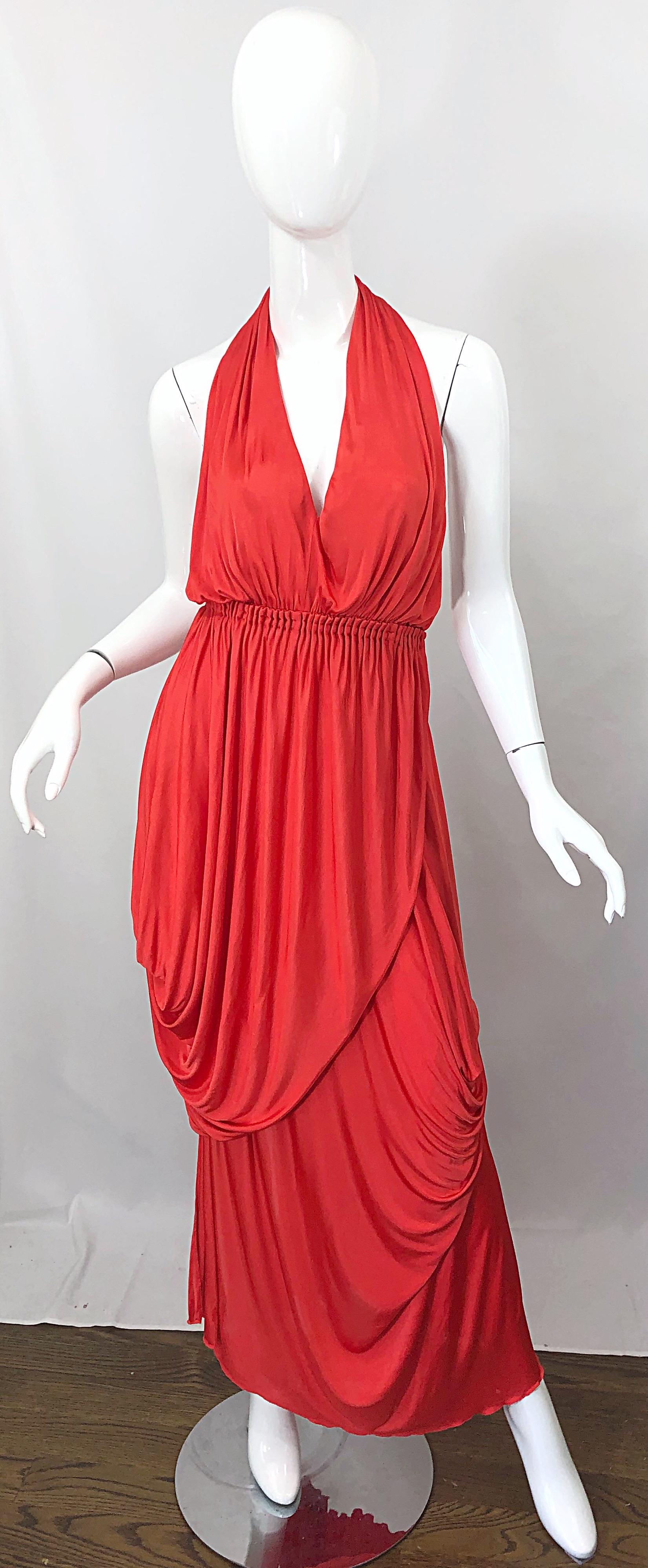 Vintage Halston Coral Silk Jersey Plunging Asymmetrical Hem Backless Gown Dress 8