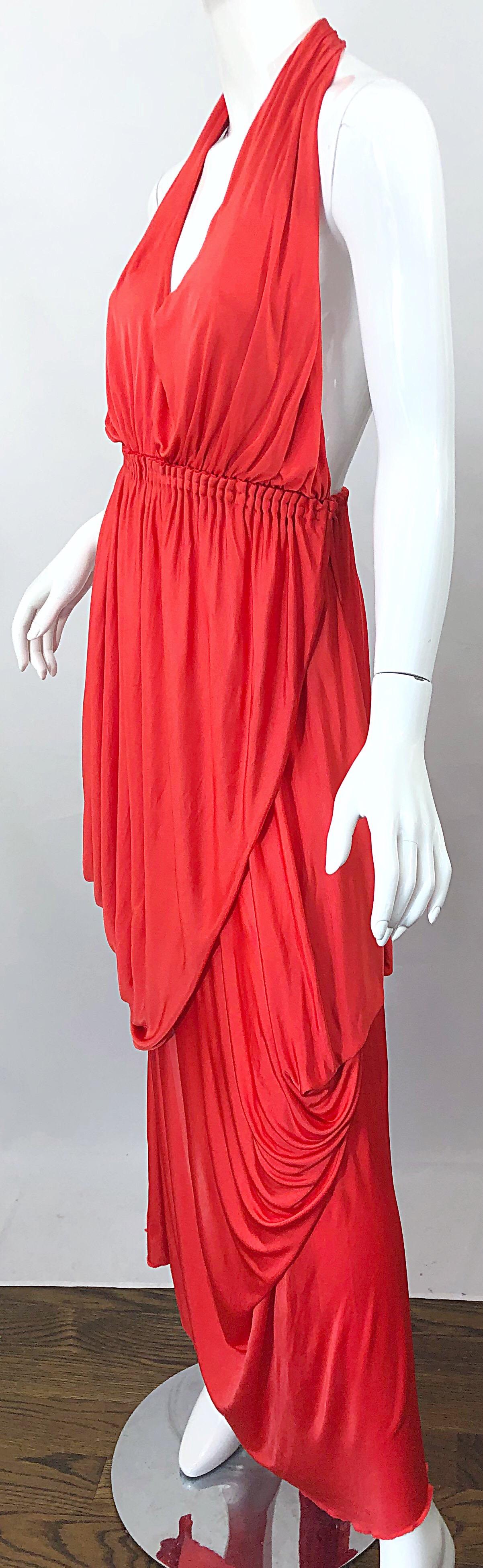 Red Vintage Halston Coral Silk Jersey Plunging Asymmetrical Hem Backless Gown Dress