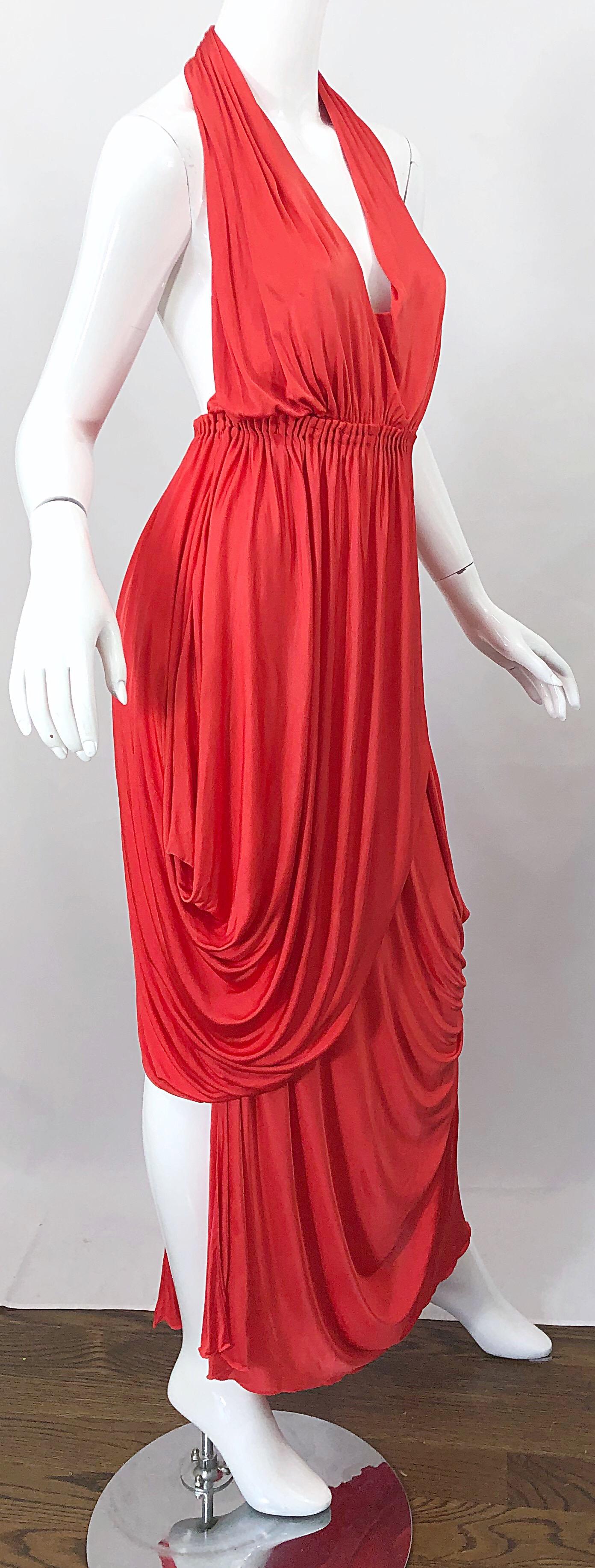 Vintage Halston Coral Silk Jersey Plunging Asymmetrical Hem Backless Gown Dress In Excellent Condition In San Diego, CA