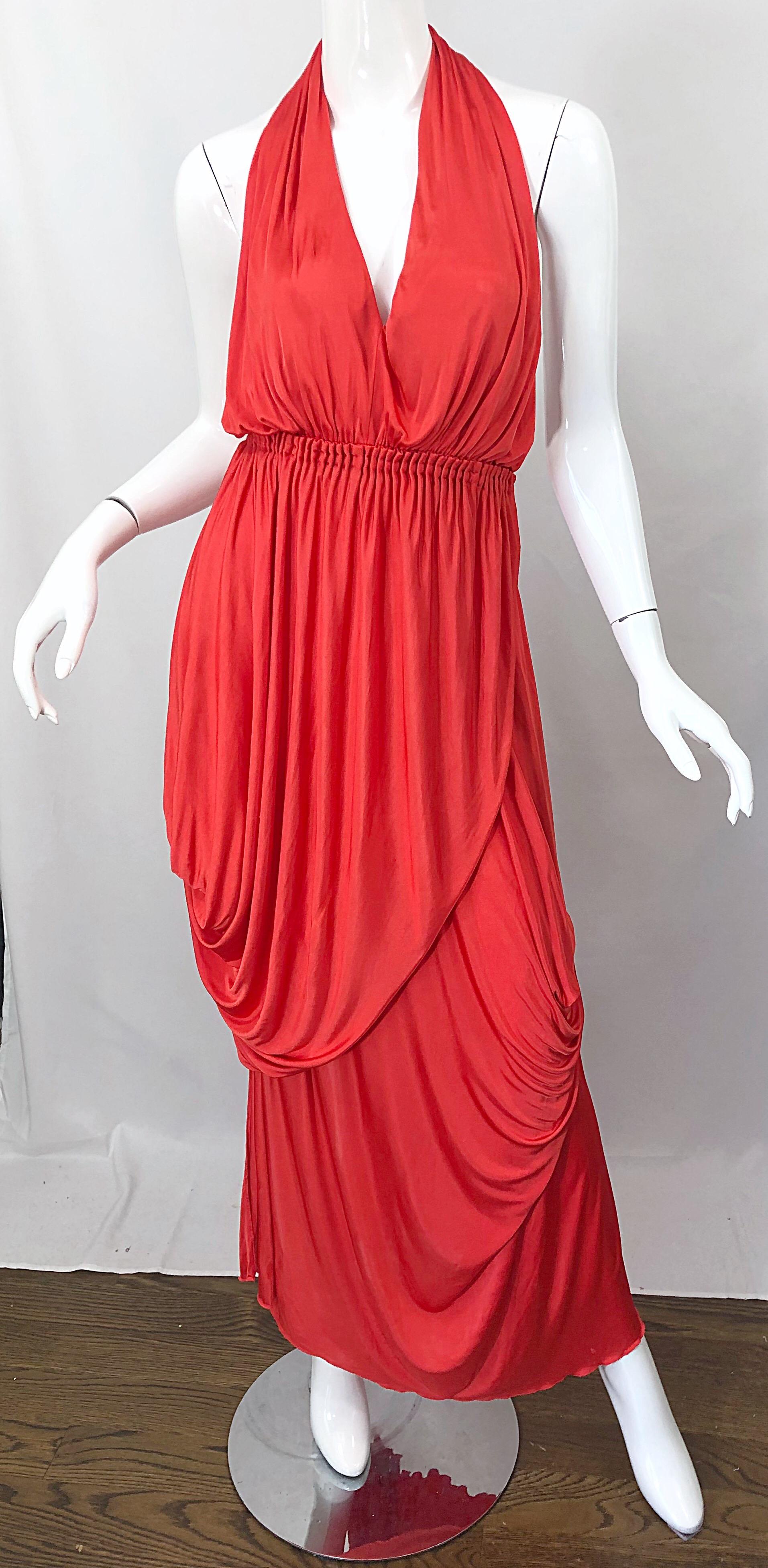 Vintage Halston Coral Silk Jersey Plunging Asymmetrical Hem Backless Gown Dress 1