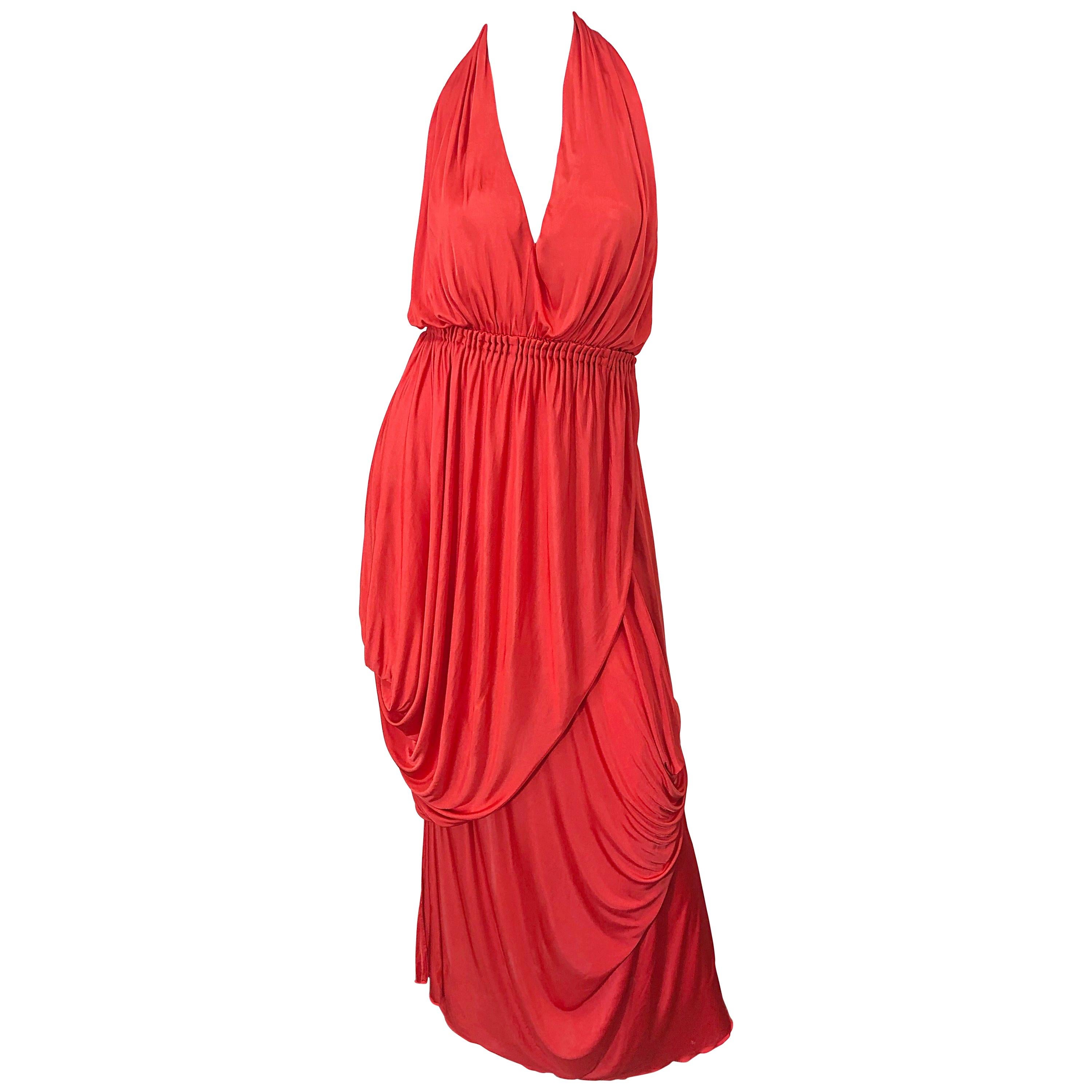 Vintage Halston Coral Silk Jersey Plunging Asymmetrical Hem Backless Gown Dress