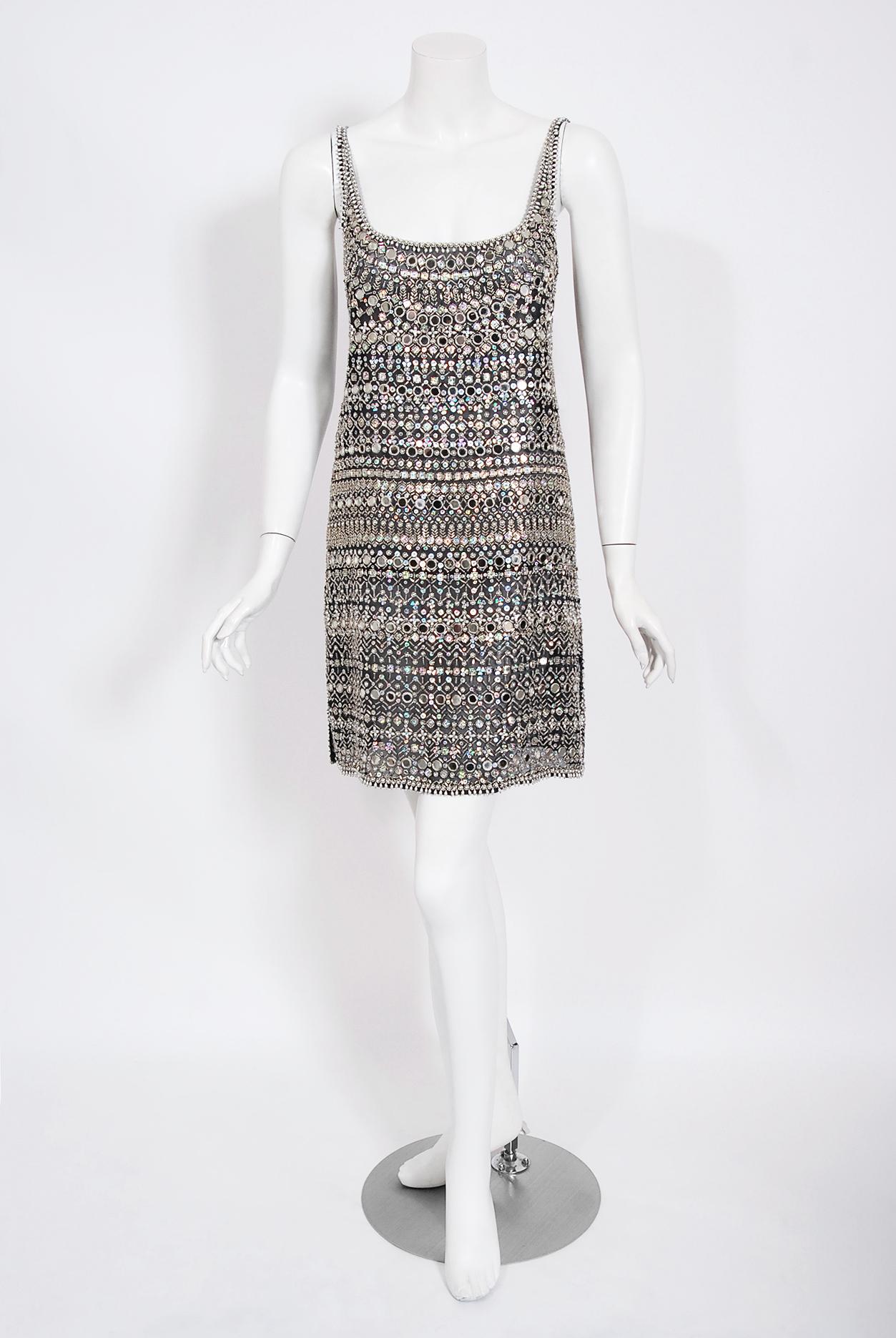 Gray Vintage Halston Couture Beaded Mirror Mini Dress & Jacket Made For Liza Minnelli