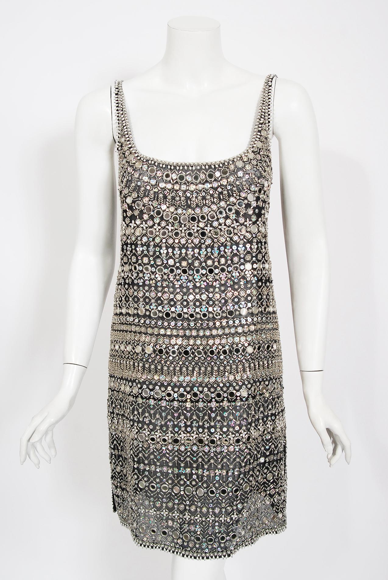 Vintage Halston Couture Beaded Mirror Mini Dress & Jacket Made For Liza Minnelli In Good Condition In Beverly Hills, CA