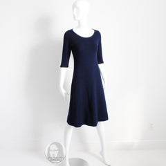 Vintage Halston Dress Cashmere Knit Short Sleeve Blue Made in Scotland 1970s