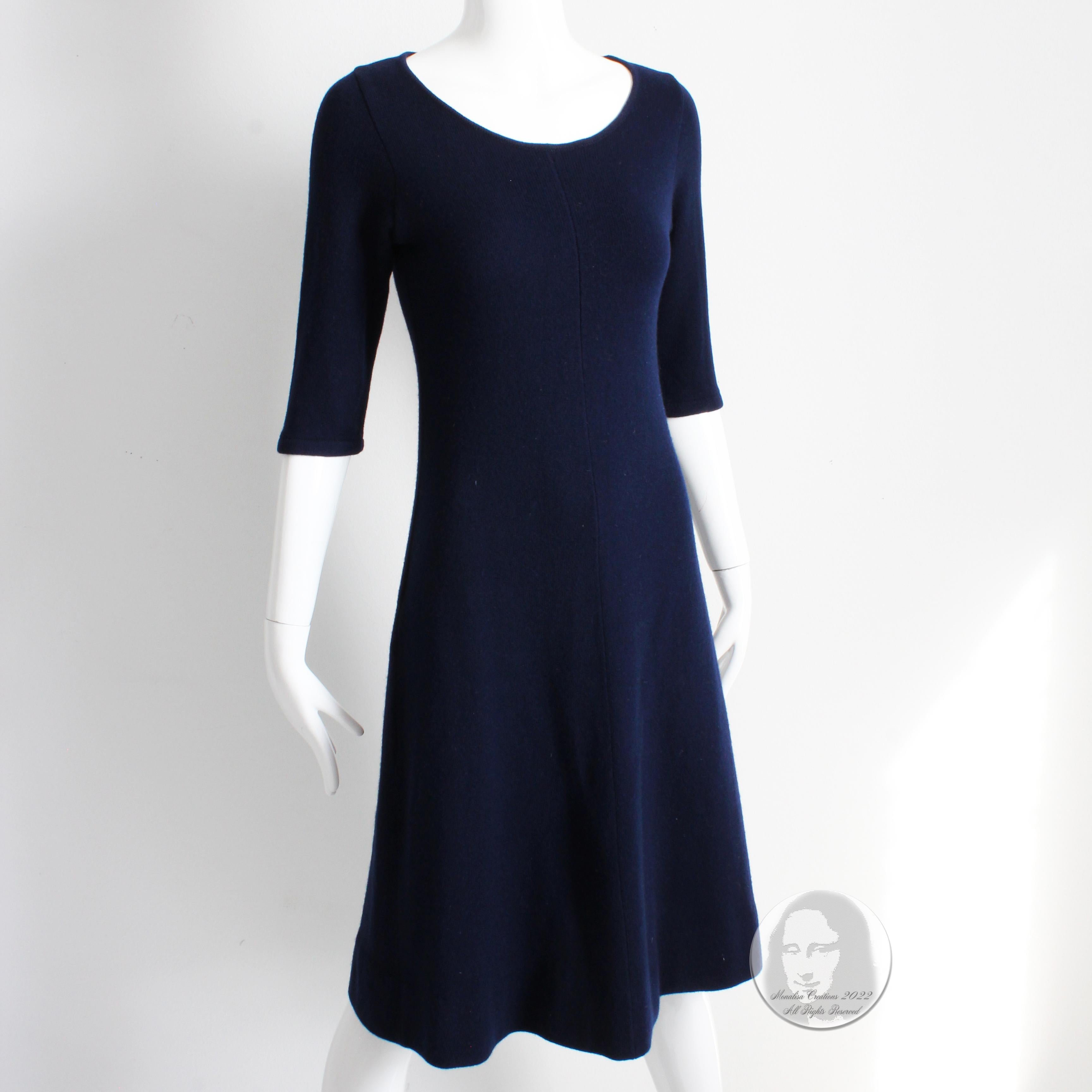 Black Vintage Halston Dress Cashmere Knit Short Sleeve Blue Made in Scotland 1970s
