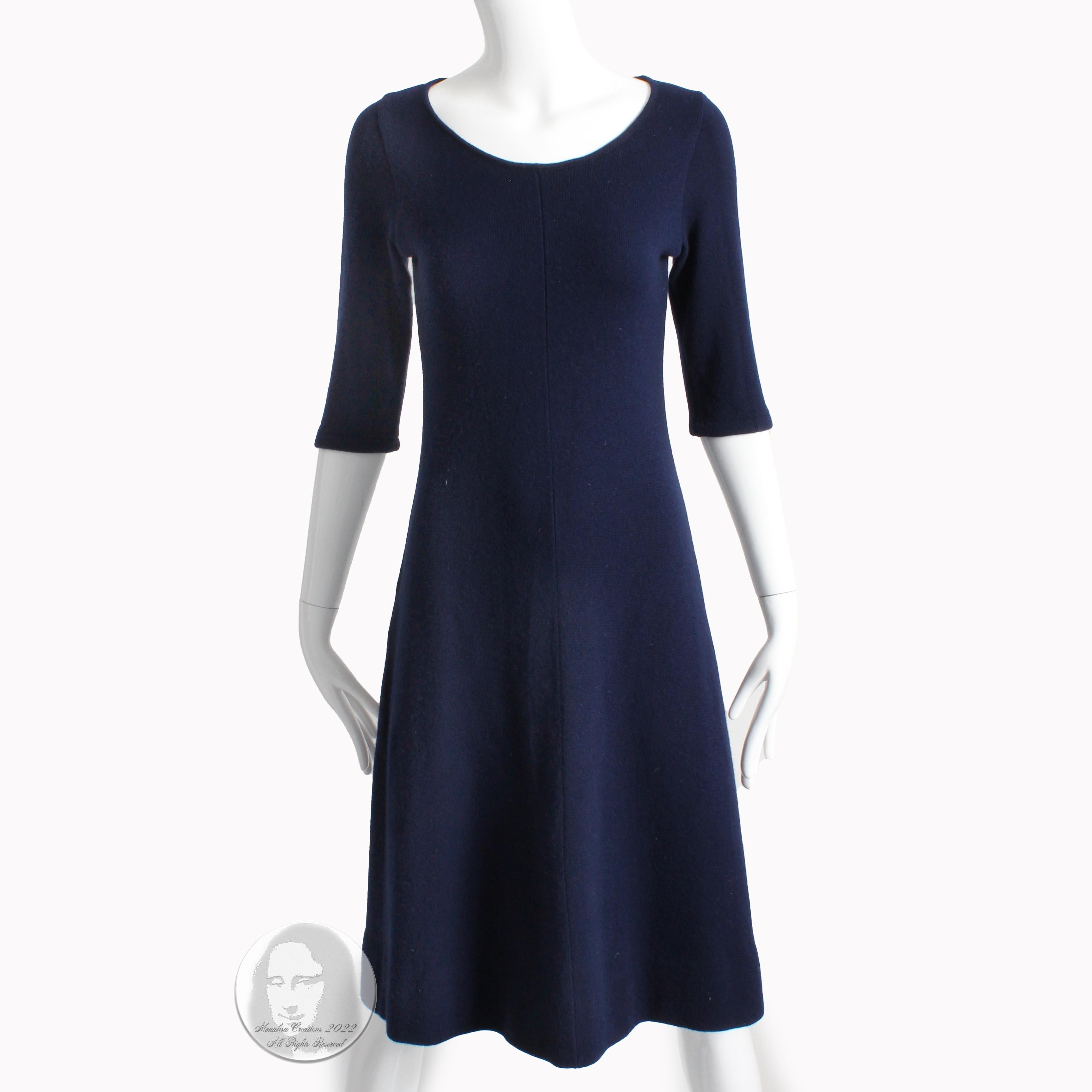 Women's Vintage Halston Dress Cashmere Knit Short Sleeve Blue Made in Scotland 1970s