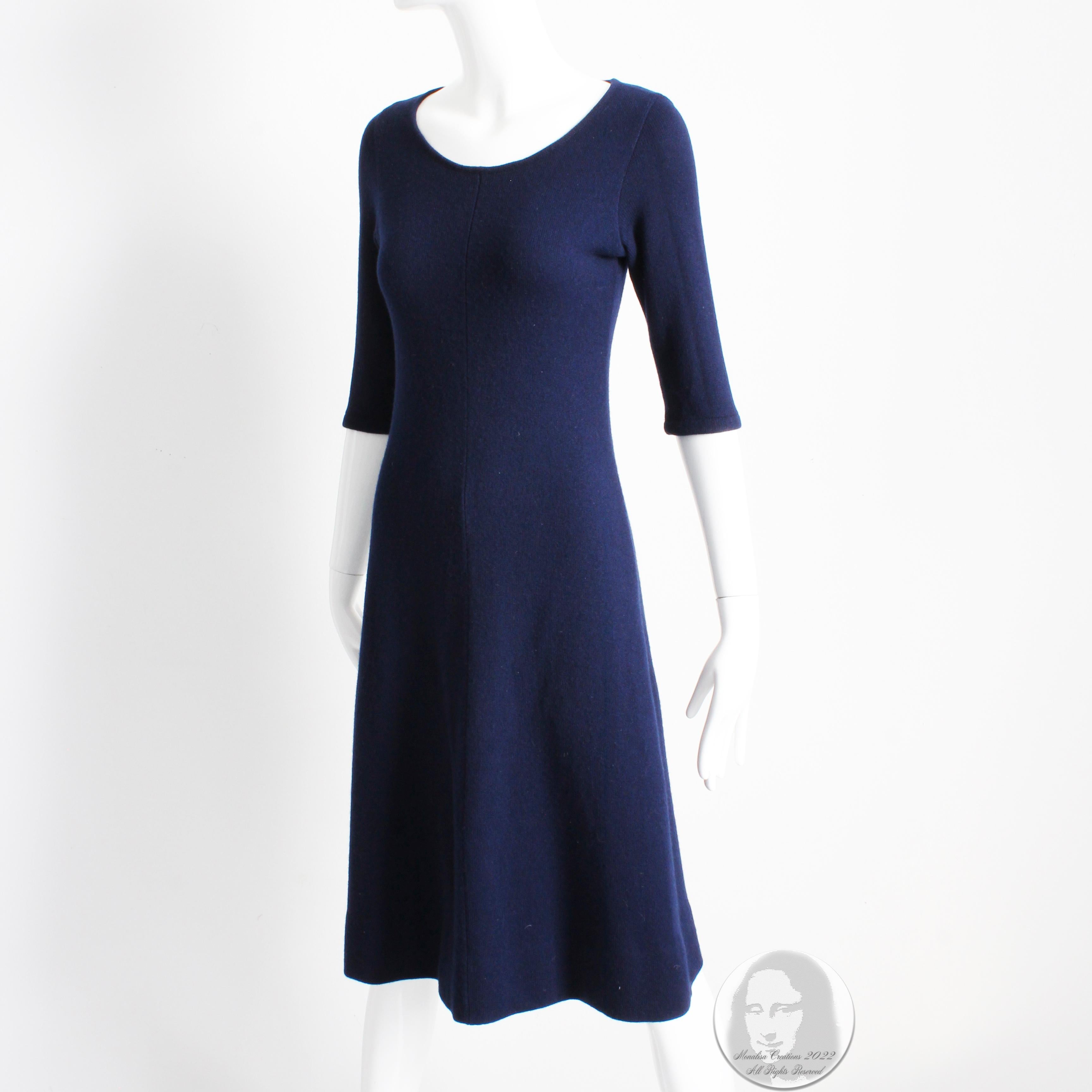 Vintage Halston Dress Cashmere Knit Short Sleeve Blue Made in Scotland 1970s 1