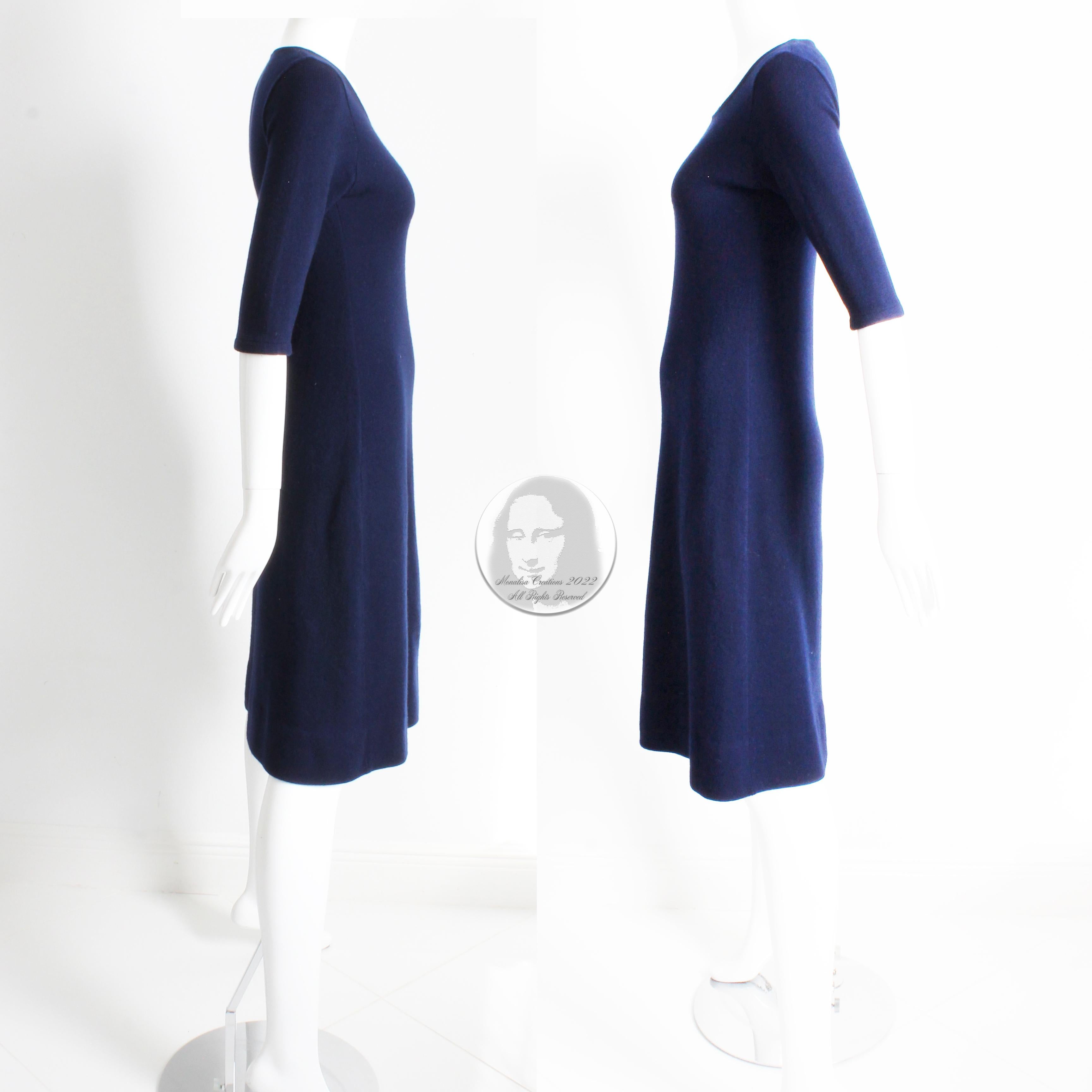 Vintage Halston Dress Cashmere Knit Short Sleeve Blue Made in Scotland 1970s 2