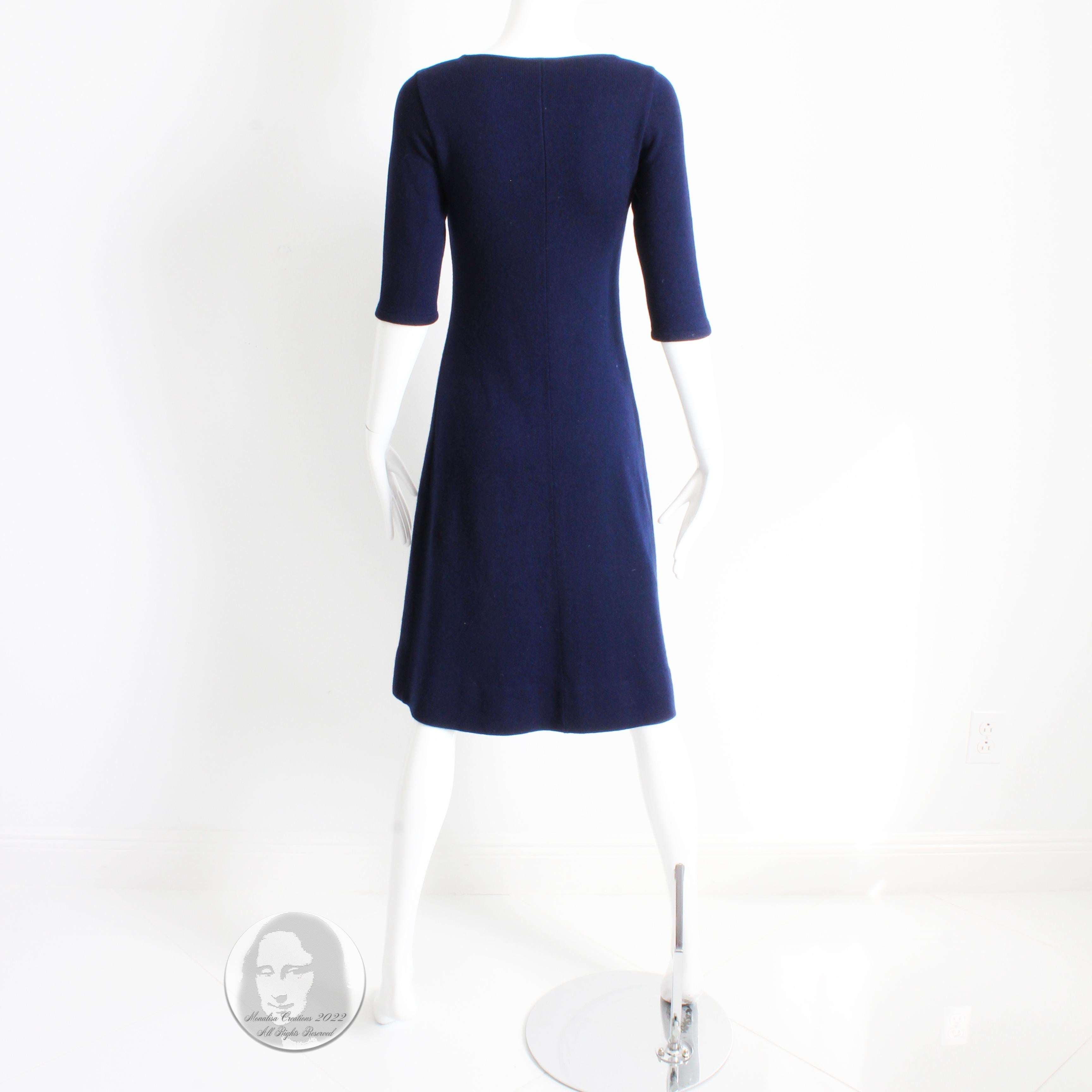 Vintage Halston Dress Cashmere Knit Short Sleeve Blue Made in Scotland 1970s 3