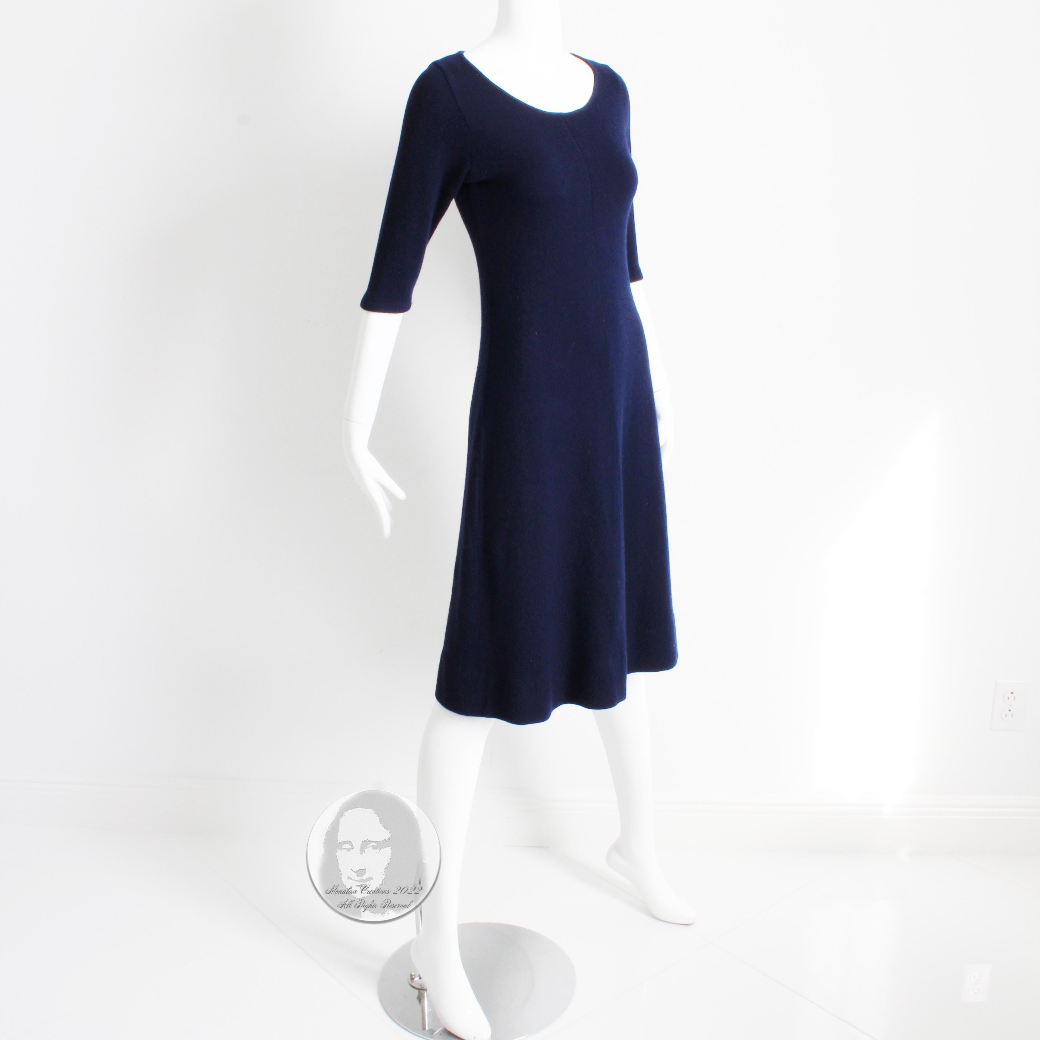Vintage Halston Dress Cashmere Knit Short Sleeve Blue Made in Scotland 1970s 4