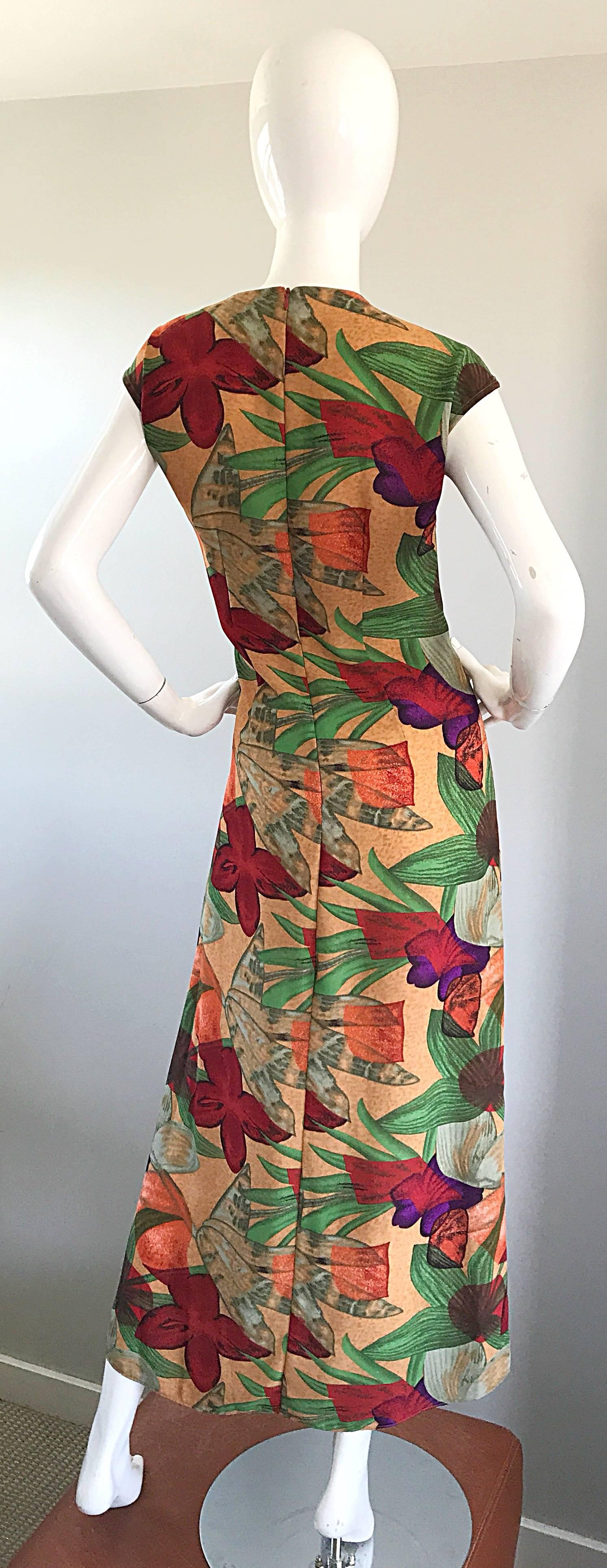 Brown Vintage Halston Gorgeous Size 8 Botanical Tropical Print Cap Sleeve Maxi Dress For Sale