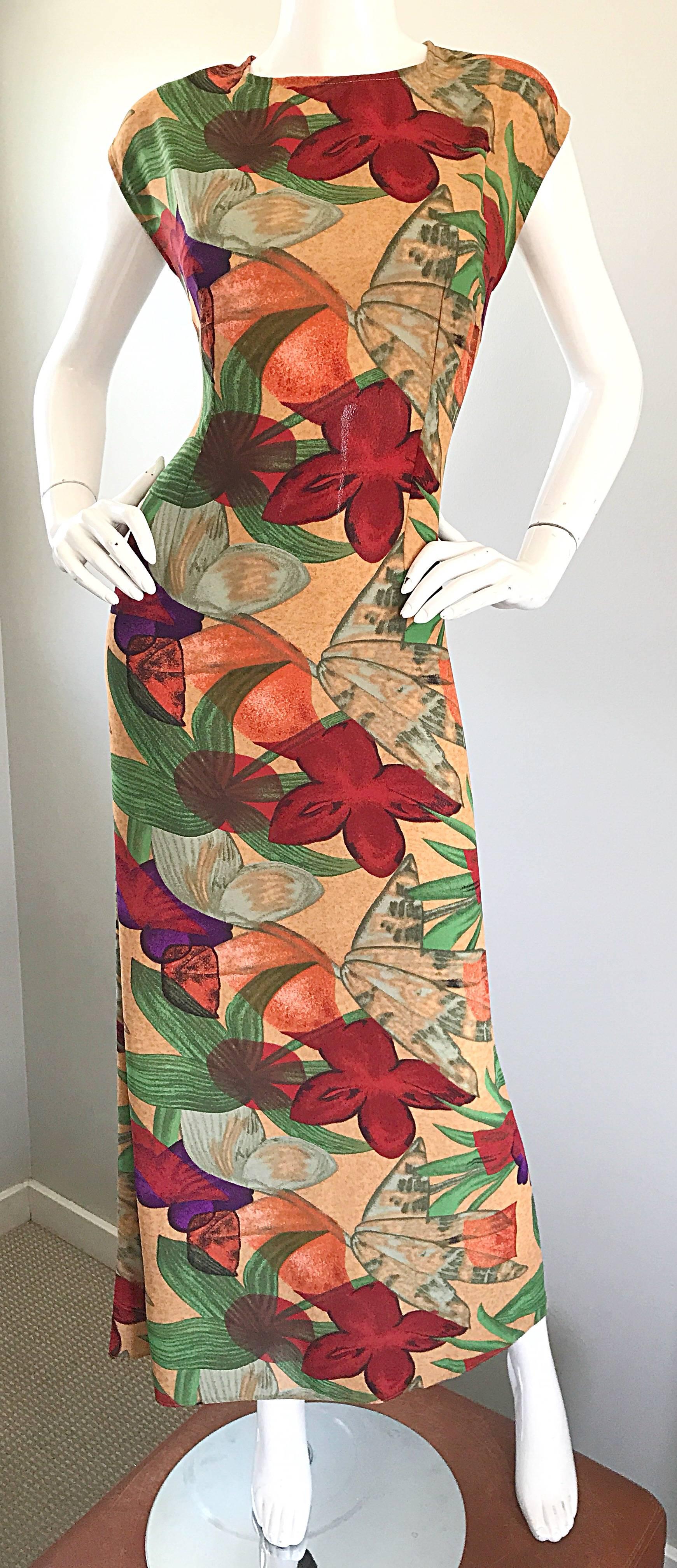 Vintage Halston Gorgeous Size 8 Botanical Tropical Print Cap Sleeve Maxi Dress In Excellent Condition For Sale In San Diego, CA