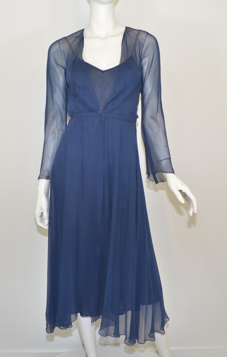 Vintage Halston Navy Blue Chiffon Slip Dress For Sale at 1stDibs | navy blue  chiffon dress, navy blue full slip, vintage halston dresses
