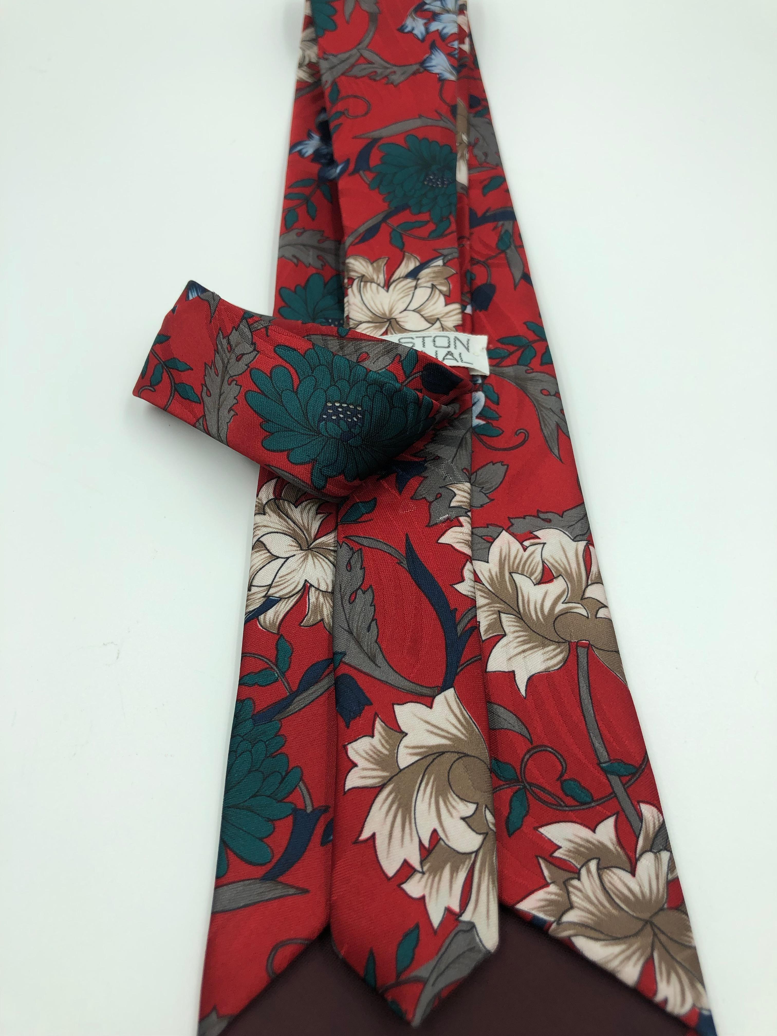 Brown Vintage Halston Red Floral Pattern Tie