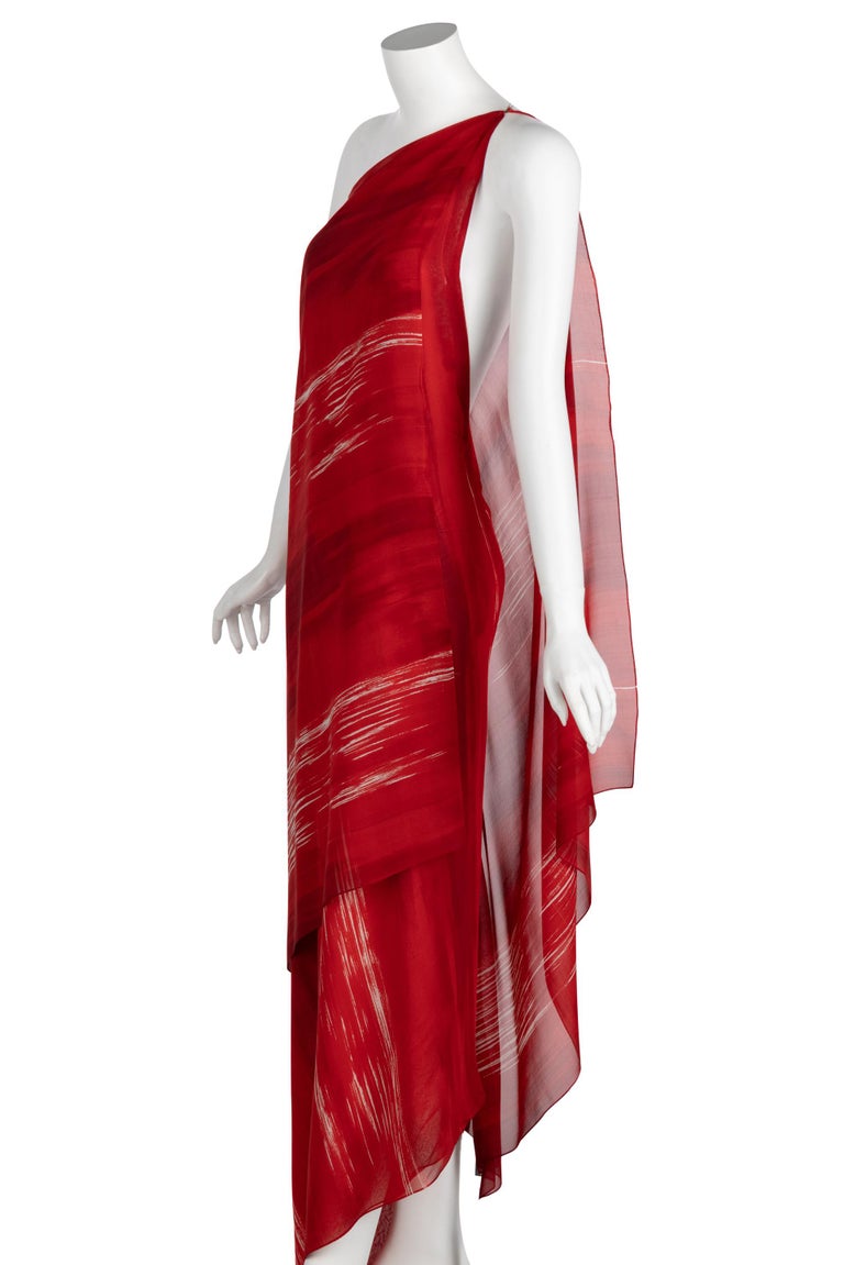 Vintage Halston Red Print Silk One Shoulder Draped Dress, 1970s In Excellent Condition In Boca Raton, FL