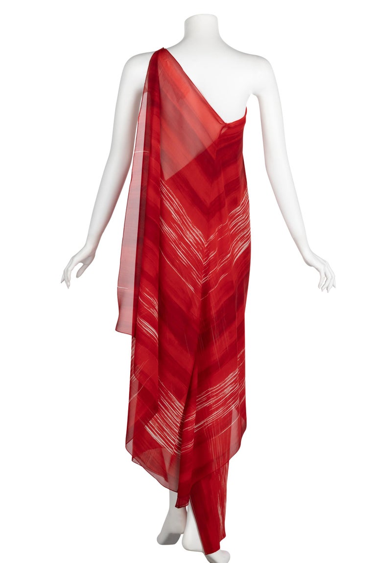 Vintage Halston Red Print Silk One Shoulder Draped Dress, 1970s 1