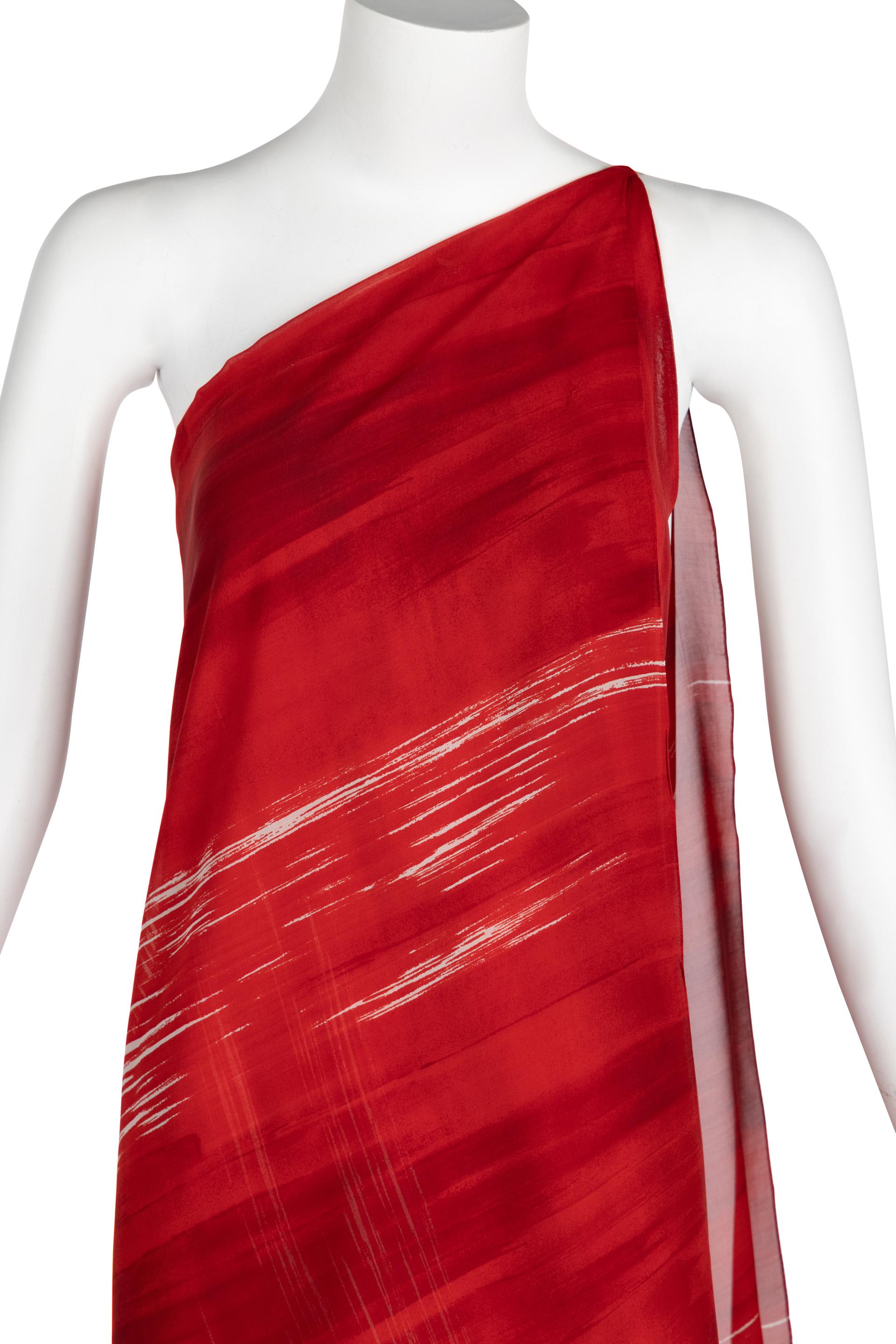 Vintage Halston Red Print Silk One Shoulder Draped Dress, 1970s 3