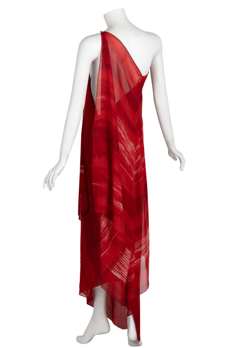 Vintage Halston Red Print Silk One Shoulder Draped Dress, 1970s 5