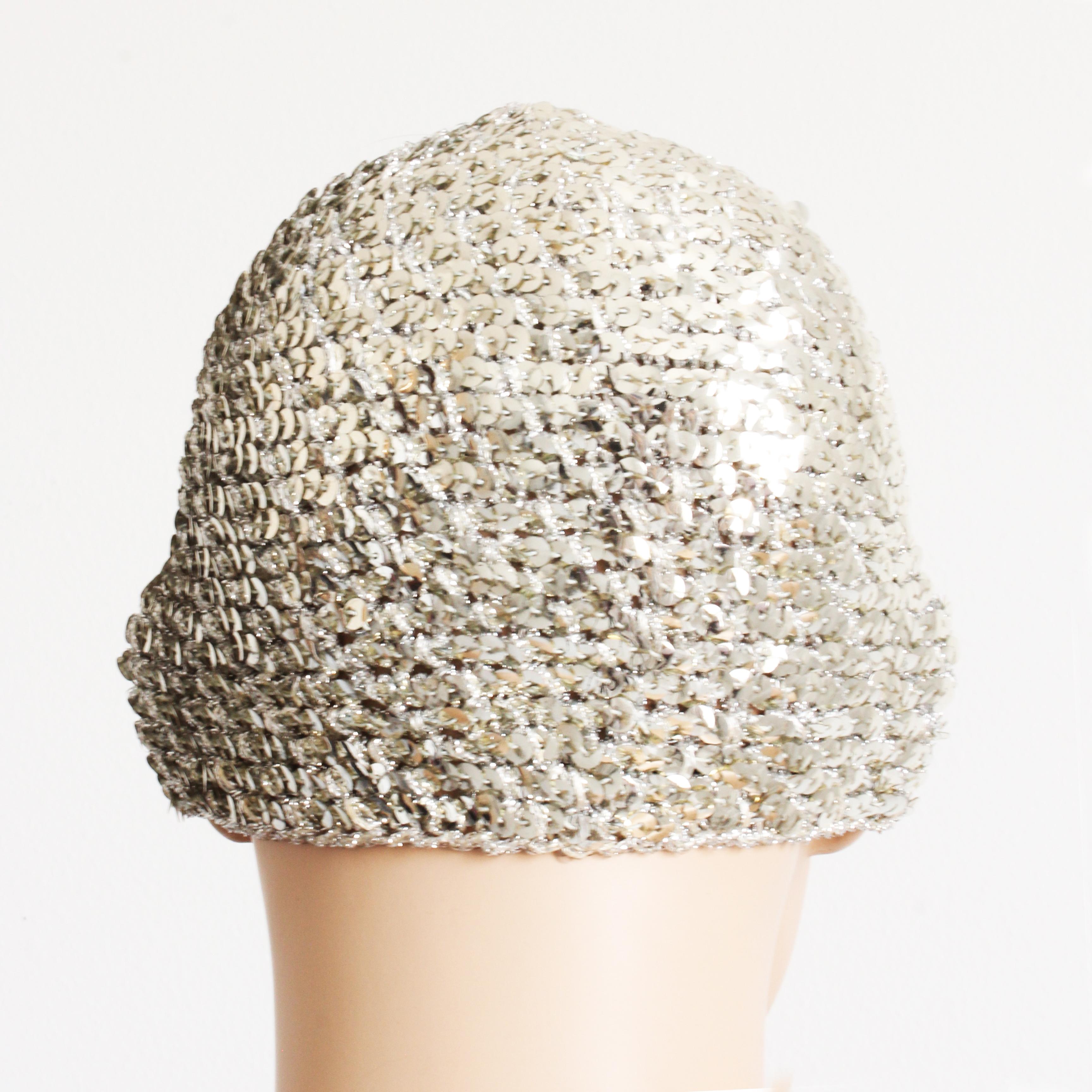 Beige Vintage Halston Silver Sequins Hat Disco Skull Cap Festive Party Wear 1970s OS