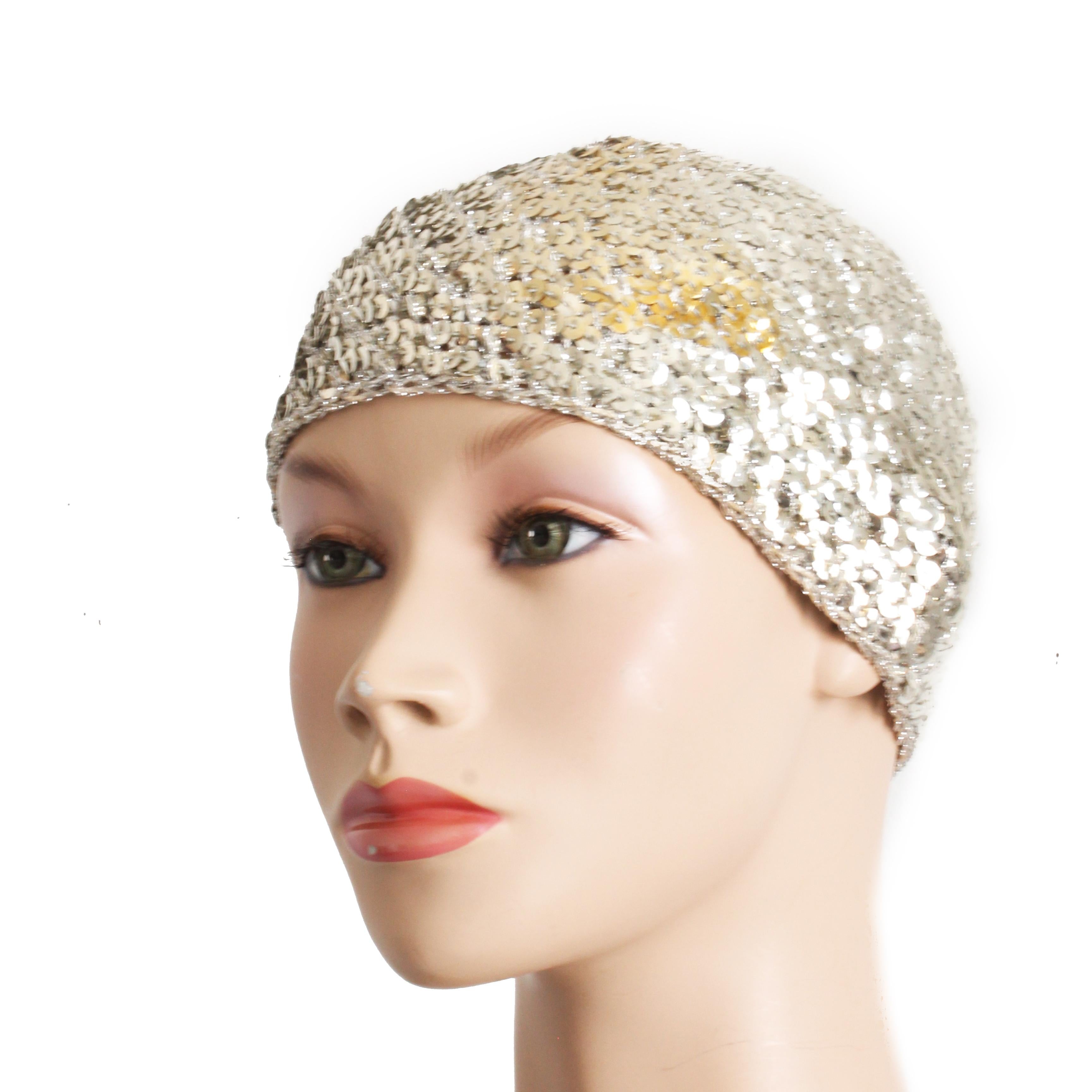 Women's or Men's Vintage Halston Silver Sequins Hat Disco Skull Cap Festive Party Wear 1970s OS
