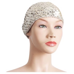 Vintage Halston Silber Pailletten Hut Disco Schädelkappe Festive Party Tragetasche 1970er OS